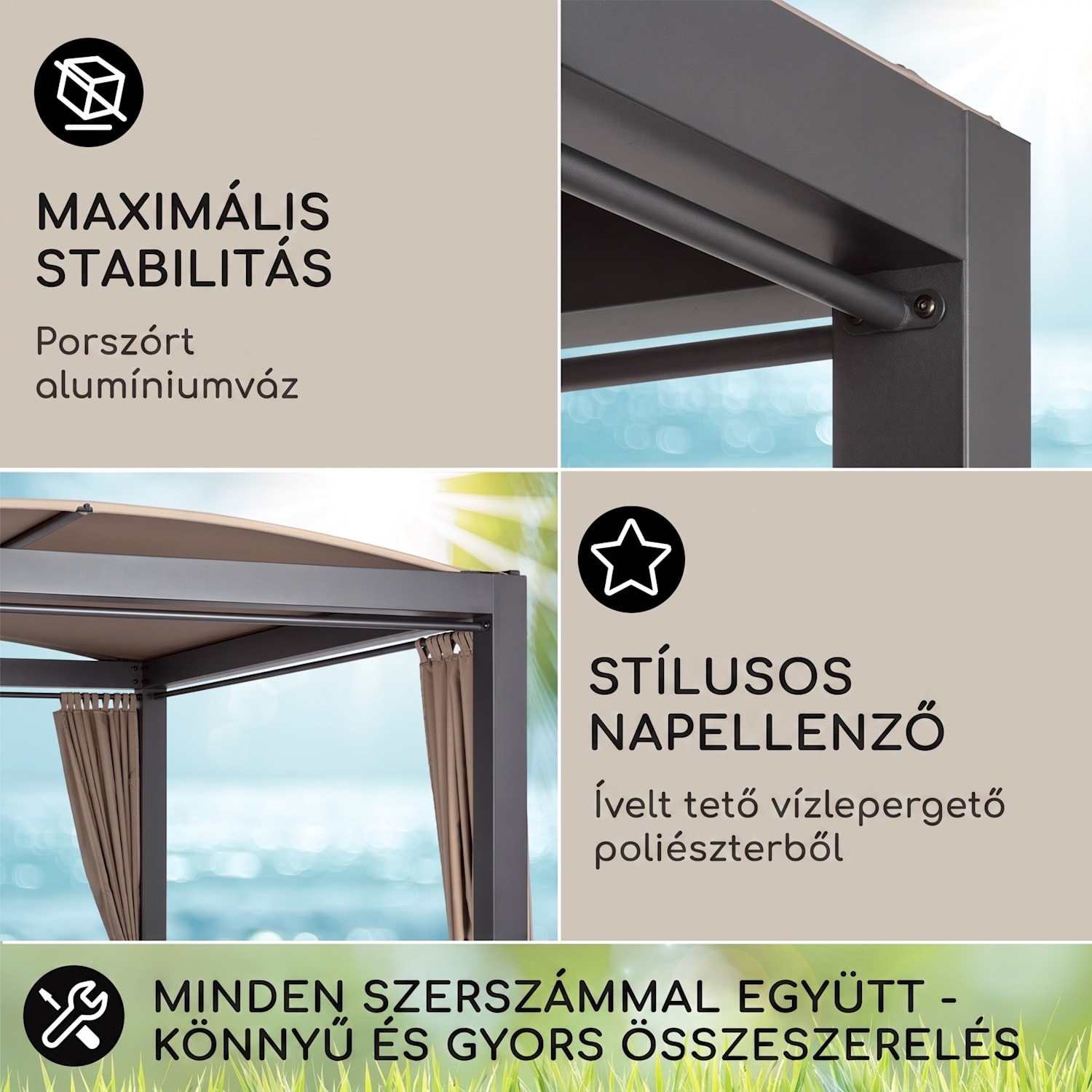 Eremitage Double XL napozóágy, 2 fő, fém váz, tető, függöny Antracit / világosszürke
