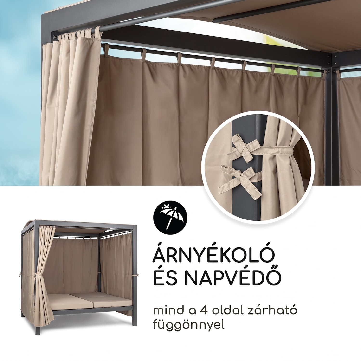 Eremitage Double XL napozóágy, 2 fő, fém váz, tető, függöny Antracit / világosszürke
