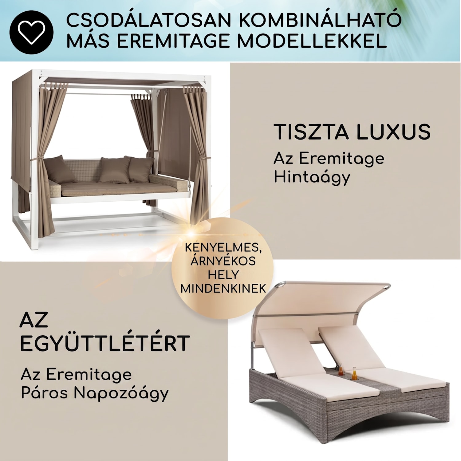 Eremitage Double XL napozóágy, 2 fő, fém váz, tető, függöny Antracit / világosszürke