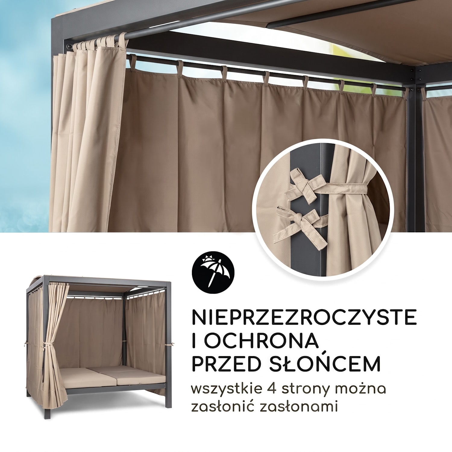 Eremitage Double XL, leżak ogrodowy, 2-osobowy, leżanka, stal, dach przeciwsłoneczny, zasłonki Antracyt / ciemny taupe