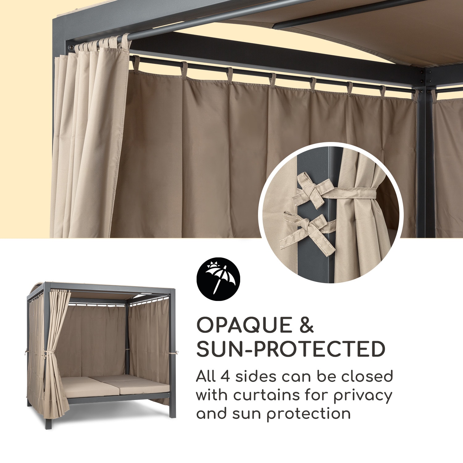 Eremitage Double XL napozóágy, 2 fő, fém váz, tető, függöny Antracit / világosszürke