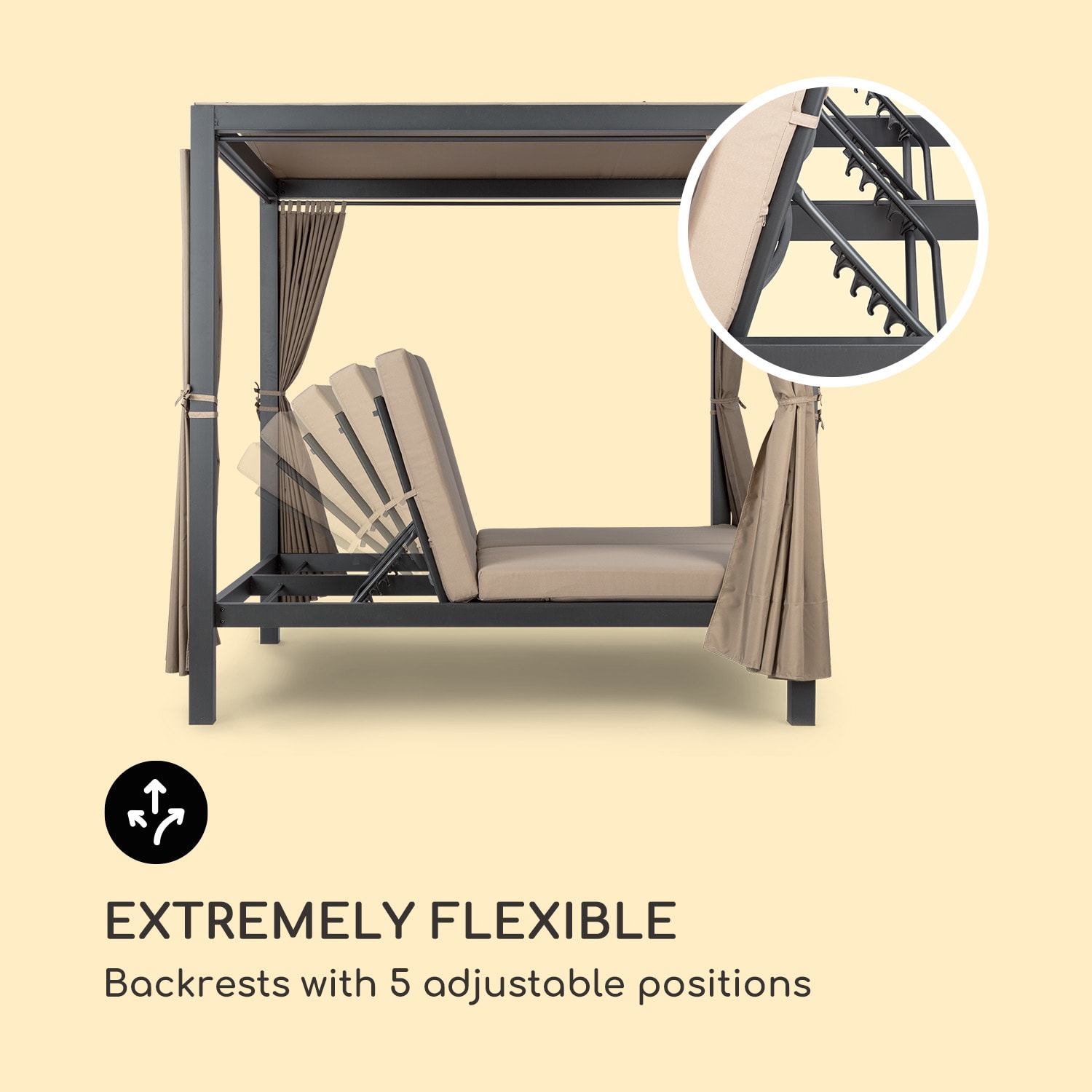 Eremitage Double XL napozóágy, 2 fő, fém váz, tető, függöny Antracit / világosszürke