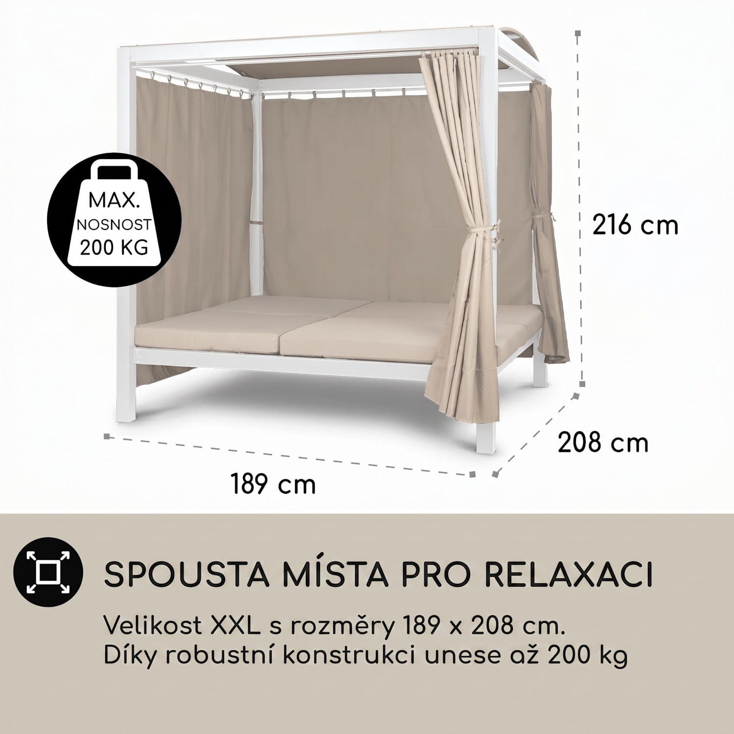 Eremitage Double XL, sluneční lehátko, 2 osoby, ocelový rám, sluneční střecha, závěsy Bílá / písková