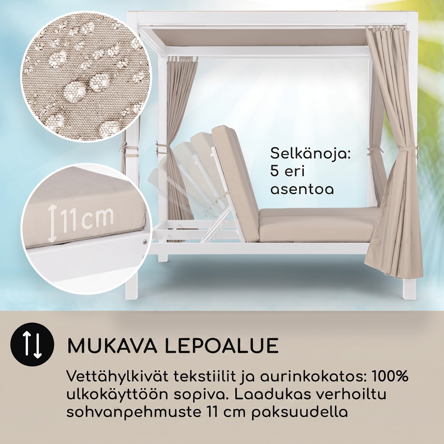 Eremitage Double XL, aurinkovuode, 2 henkilölle, teräsrunko, aurinkokatos, verhot Valkoinen / Hiekka