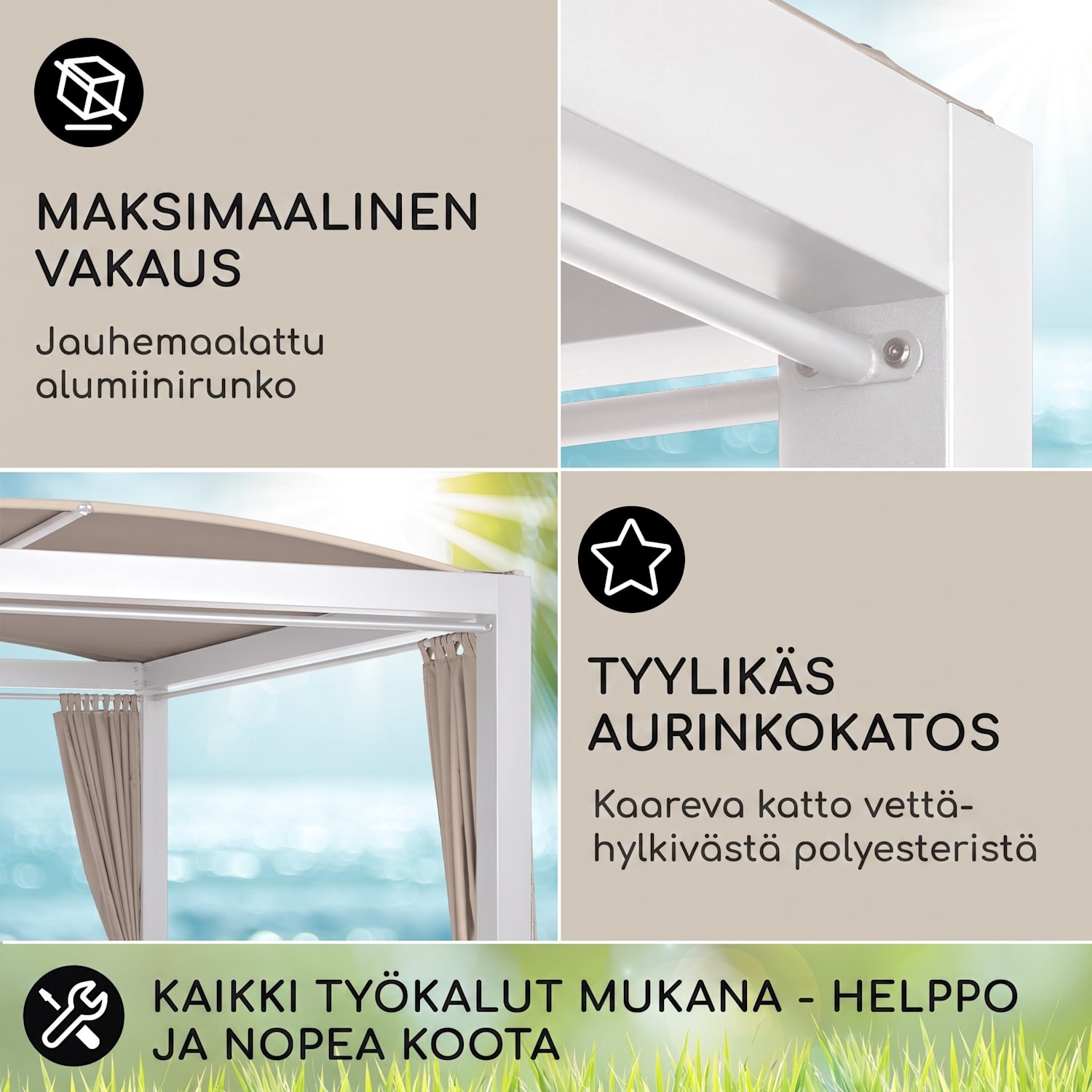 Eremitage Double XL, aurinkovuode, 2 henkilölle, teräsrunko, aurinkokatos, verhot Valkoinen / Hiekka