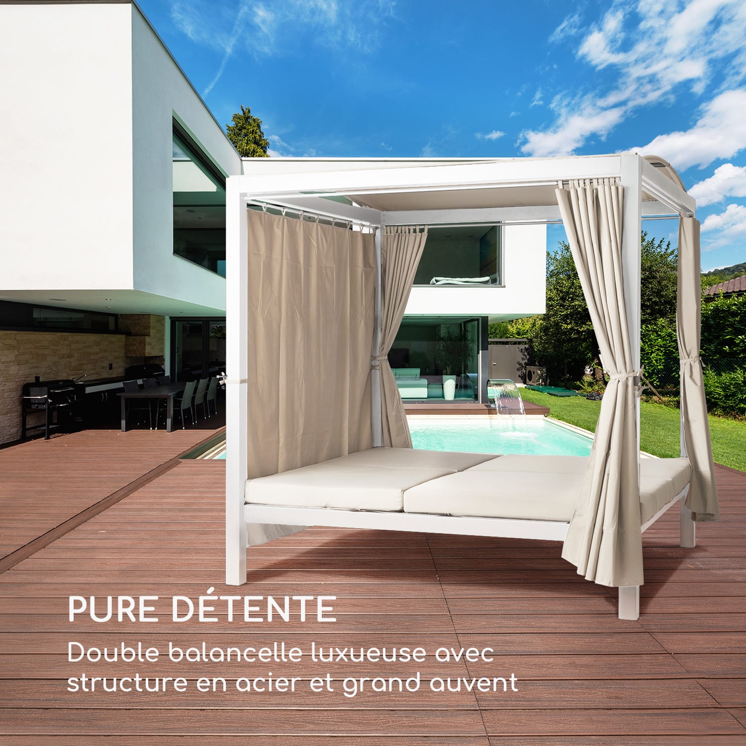 Eremitage Double XL balancelle 2 Pers cadre en acier auvent rideaux Blanc / Sable