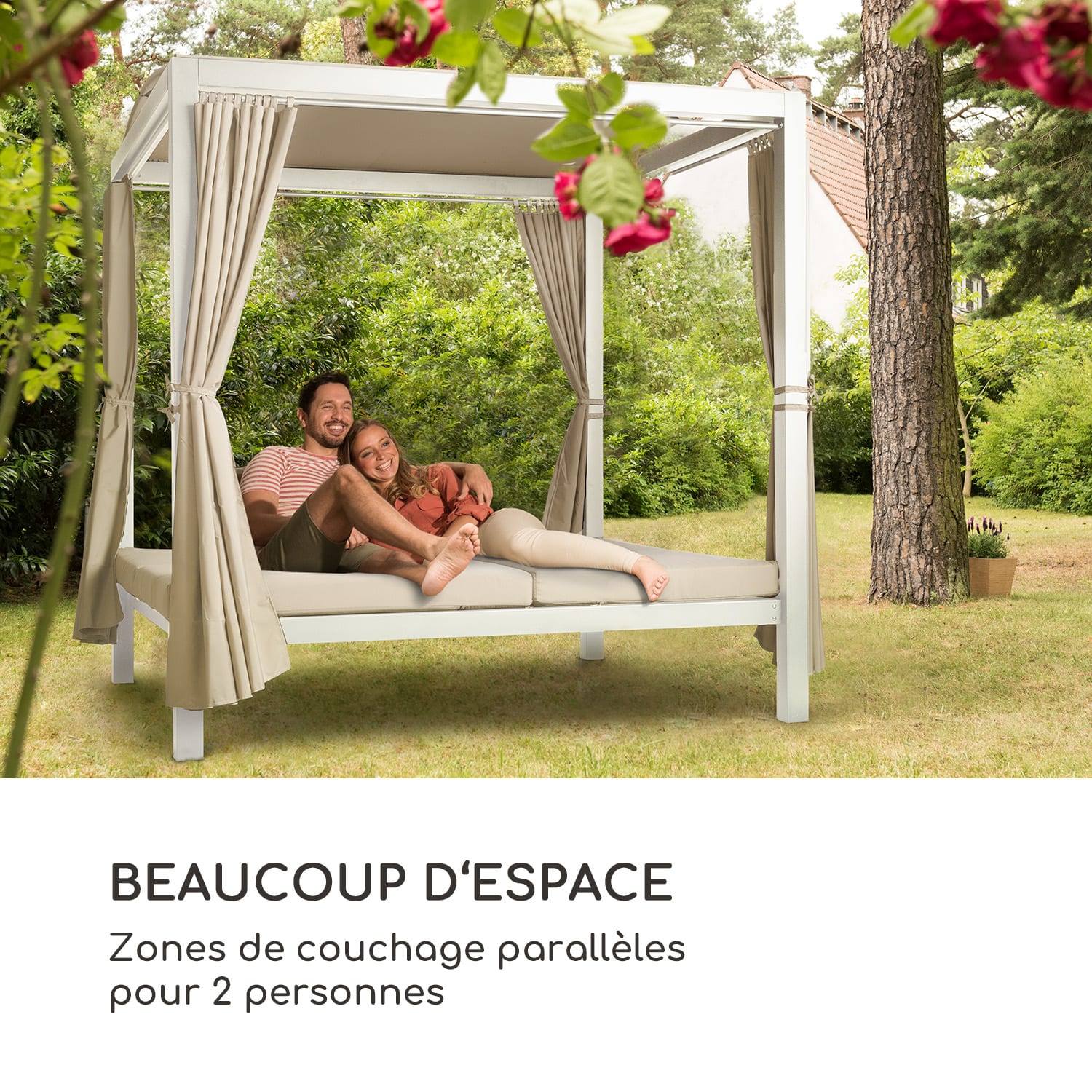 Eremitage Double XL balancelle 2 Pers cadre en acier auvent rideaux Blanc / Sable