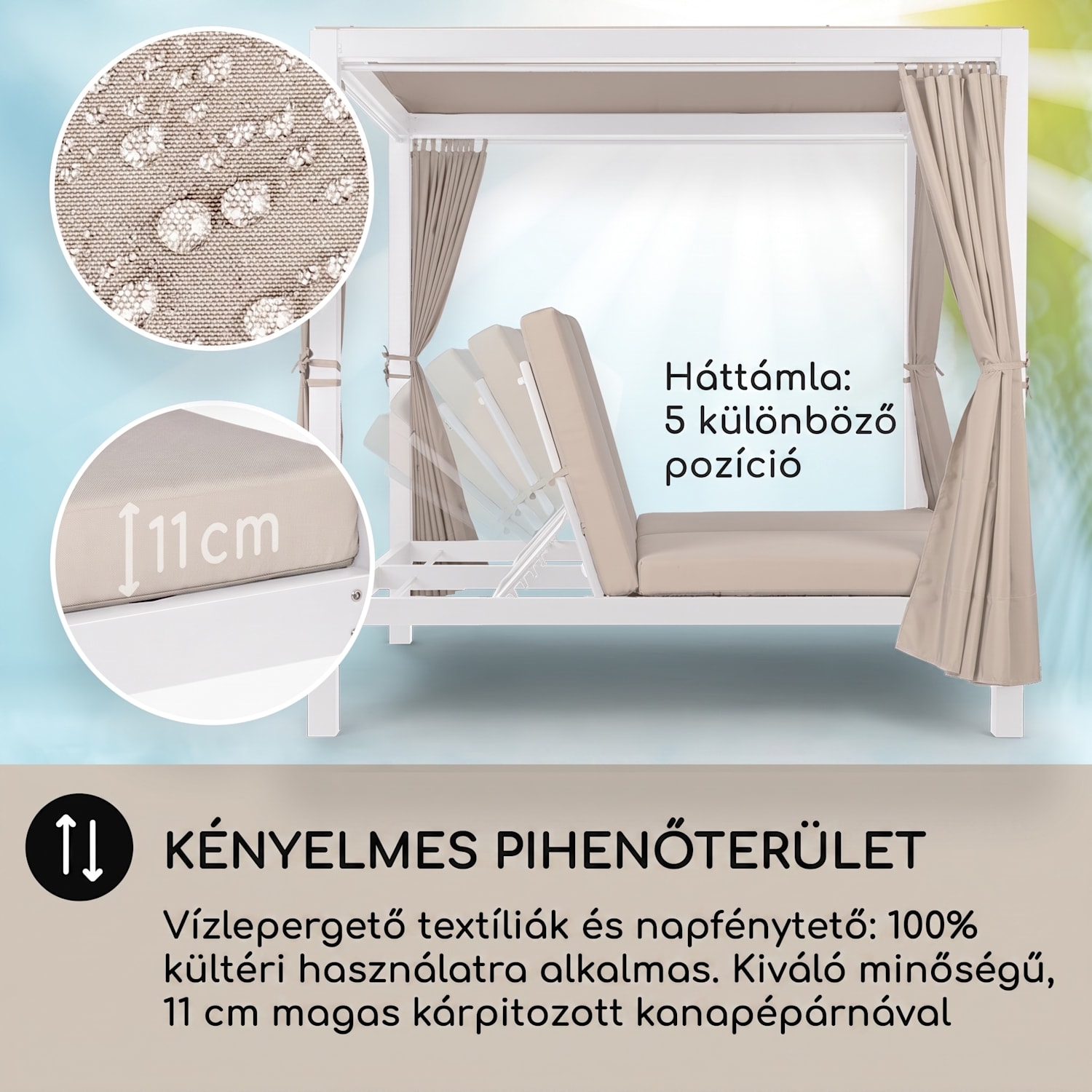 Eremitage Double XL, napozóágy, 2 személy részére, acélkeret, napernyő, függönyök Fehér / Homok