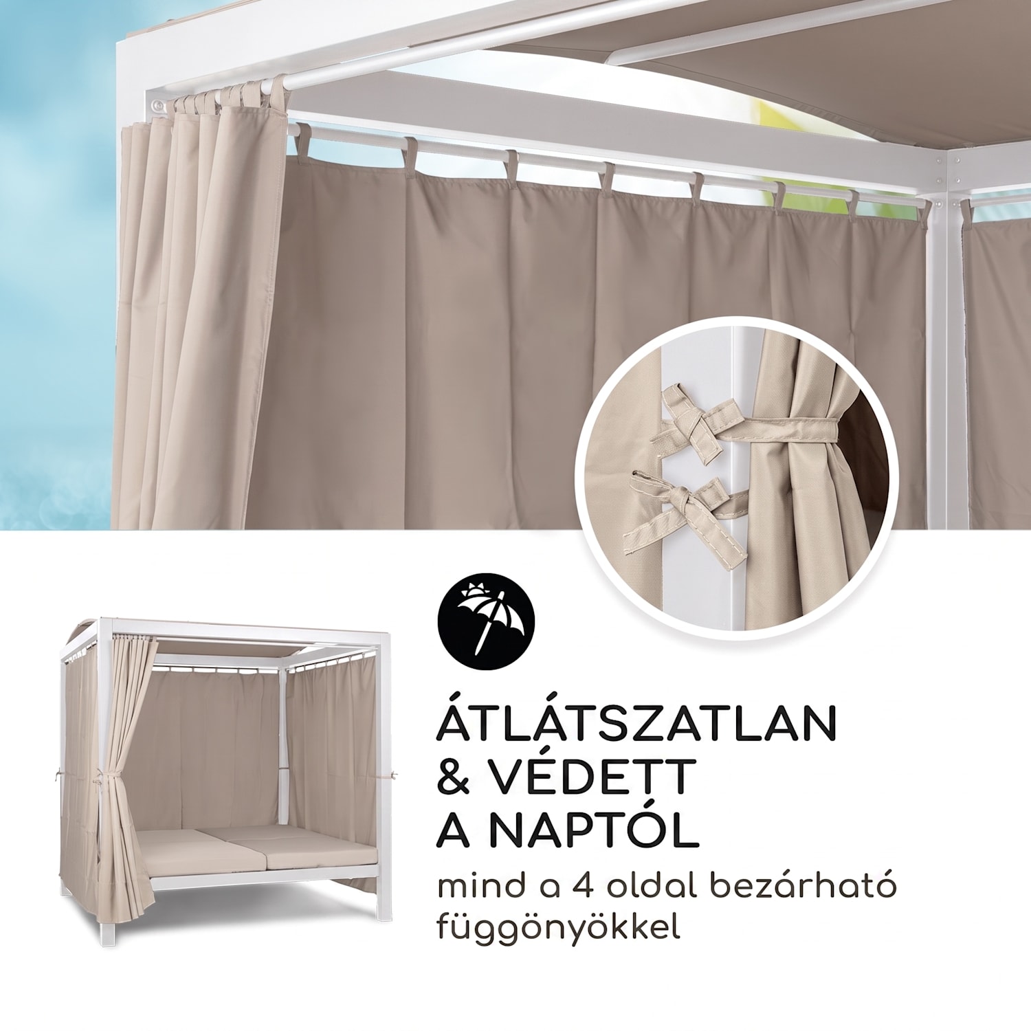 Eremitage Double XL, napozóágy, 2 személy részére, acélkeret, napernyő, függönyök Fehér / Homok