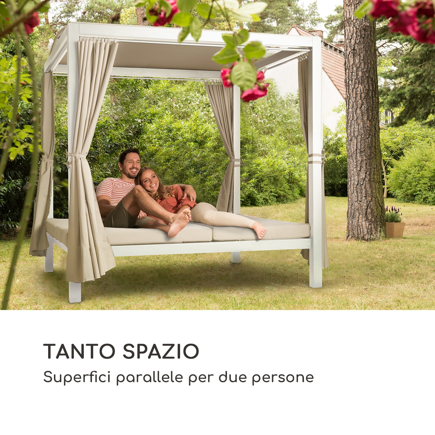 Eremitage Double XL, Sunbed, 2 Persone, Telaio in Acciaio, Parasole, Tende Bianco / Sabbia