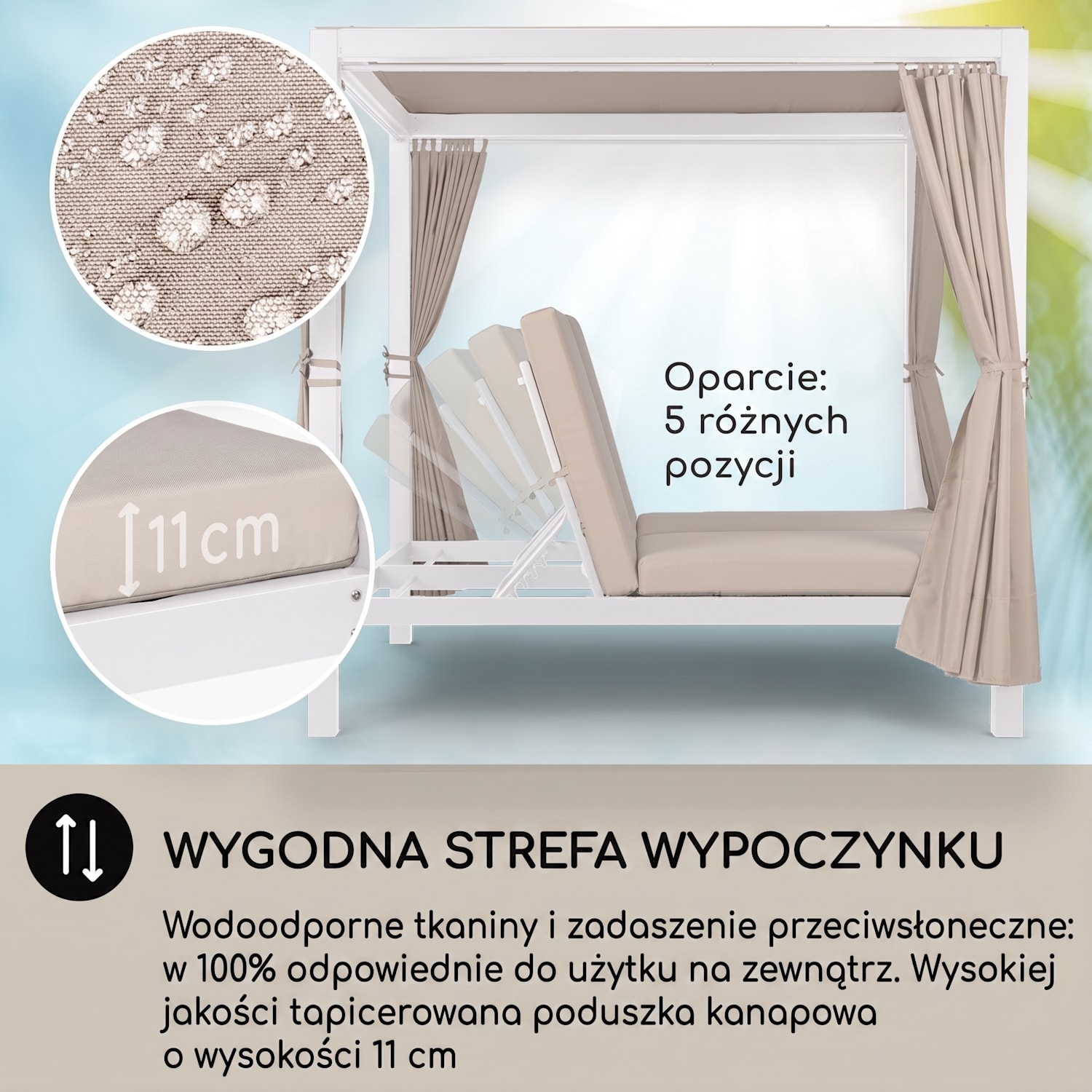 Eremitage Double XL, leżak ogrodowy, 2-osobowy, leżanka, stal, dach przeciwsłoneczny, zasłonki Biały / Piaskowy