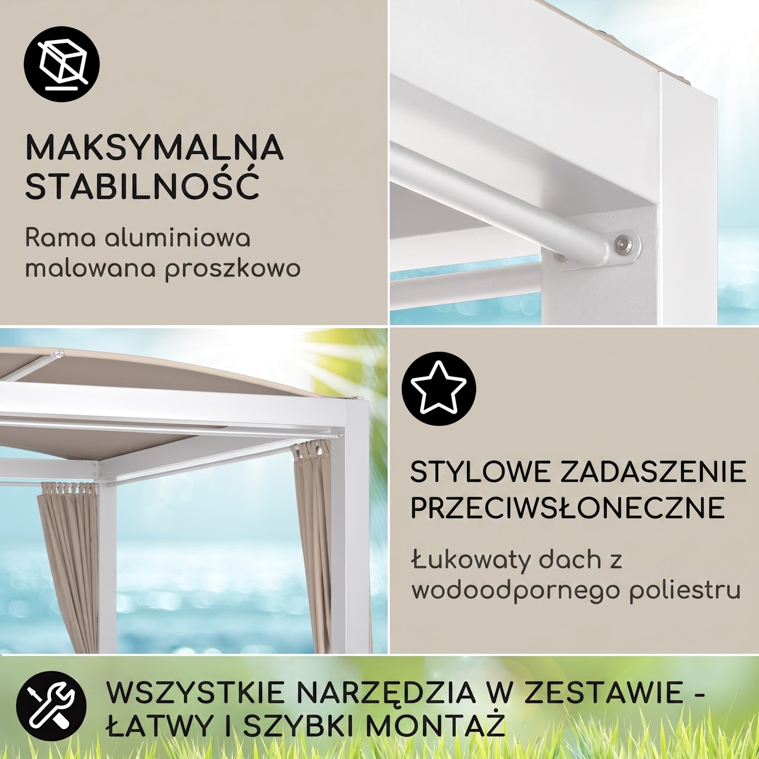 Eremitage Double XL, leżak ogrodowy, 2-osobowy, leżanka, stal, dach przeciwsłoneczny, zasłonki Biały / Piaskowy