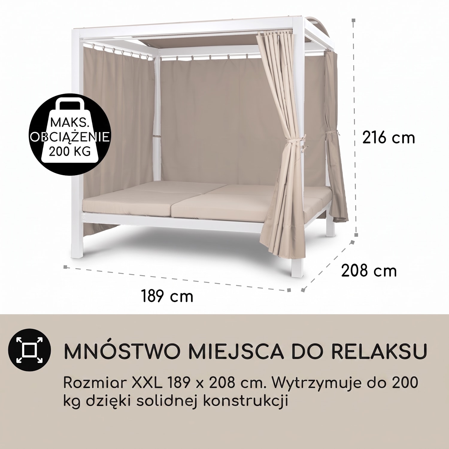 Eremitage Double XL, leżak ogrodowy, 2-osobowy, leżanka, stal, dach przeciwsłoneczny, zasłonki Biały / Piaskowy