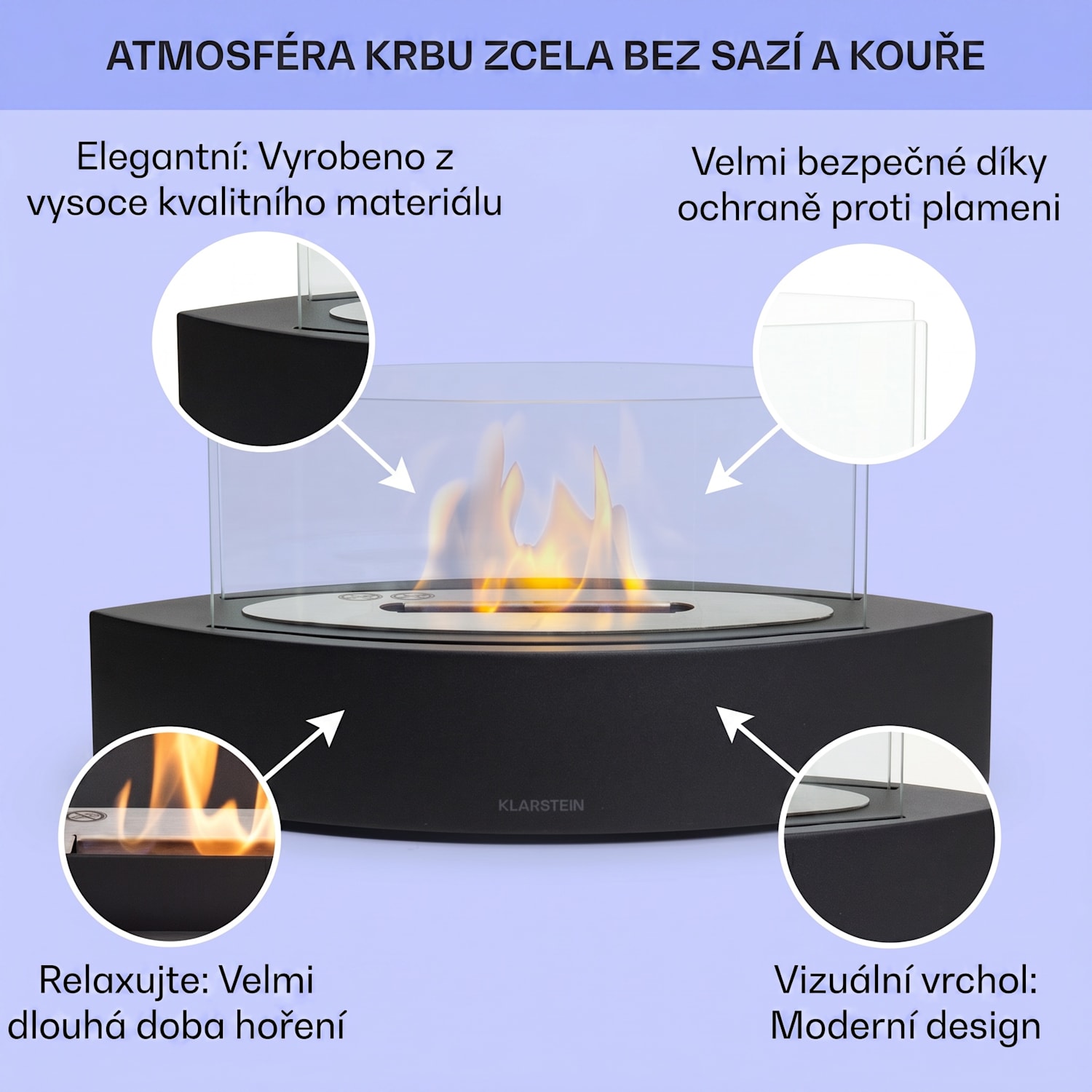 Phantasma Curve, etanolový krb, bez kouře a zápachu, nerezový hořák, bezpečnostní sklo 