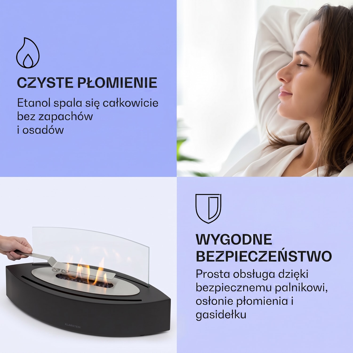 Phantasma Curve, biokominek, bez dymu i zapachu, biowkładka ze stali nierdzewnej, bioetanol, szyba bezpieczna 