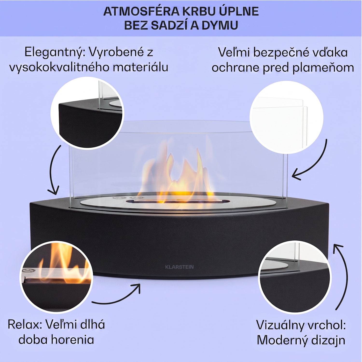 Phantasma Curve, etanolový krb, horák z nehrdzavejúcej ocele, bez dymu a zápachu, bezpečnostné sklo 