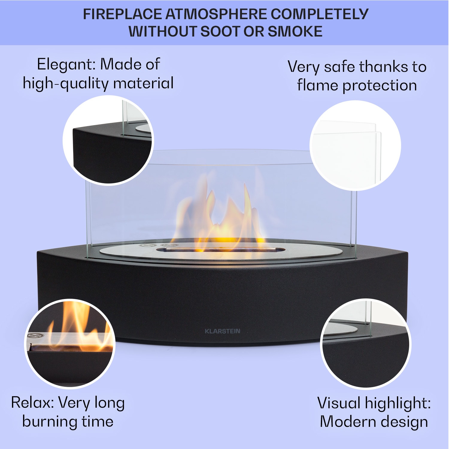 Phantasma Curve Lareira a Etanol sem fumo e sem odor, queimador em aço inoxidável, vidro de segurança 