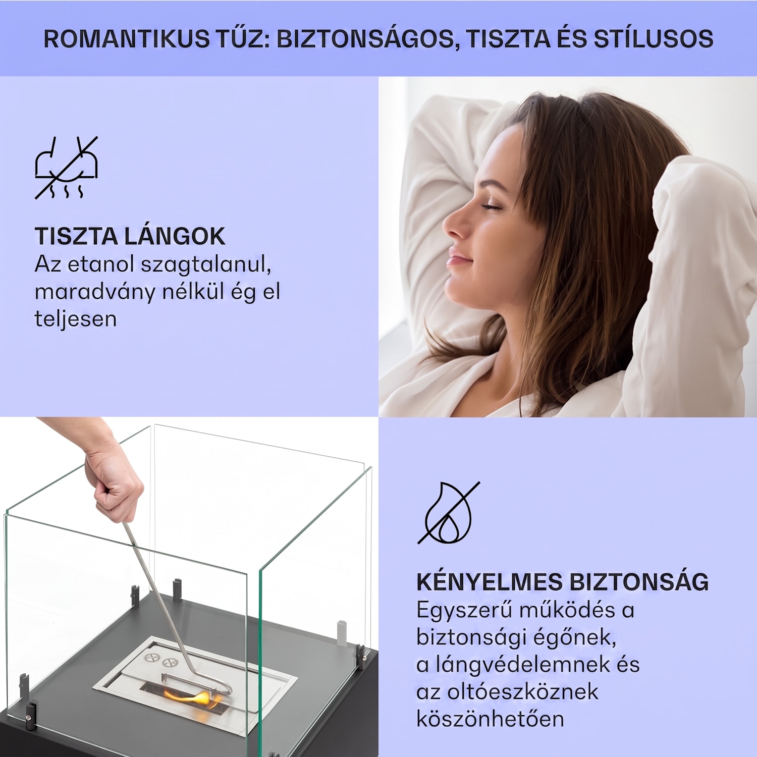 Phantasma Cubo, etanol kandalló, rozsdamentes acél égő, füst- és szagmentes, biztonsági üveg 