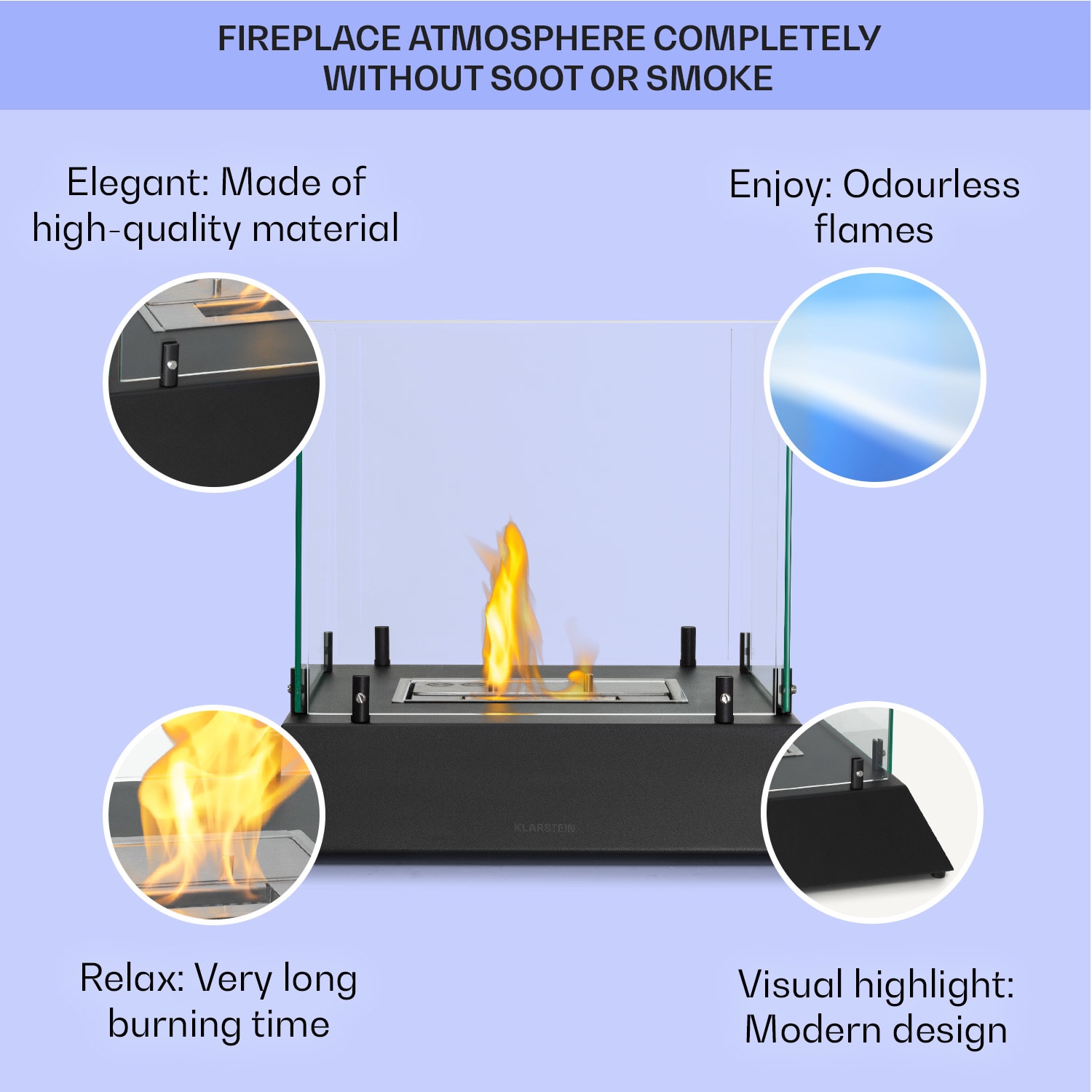 Phantasma Cubo, etanol kandalló, rozsdamentes acél égő, füst- és szagmentes, biztonsági üveg 