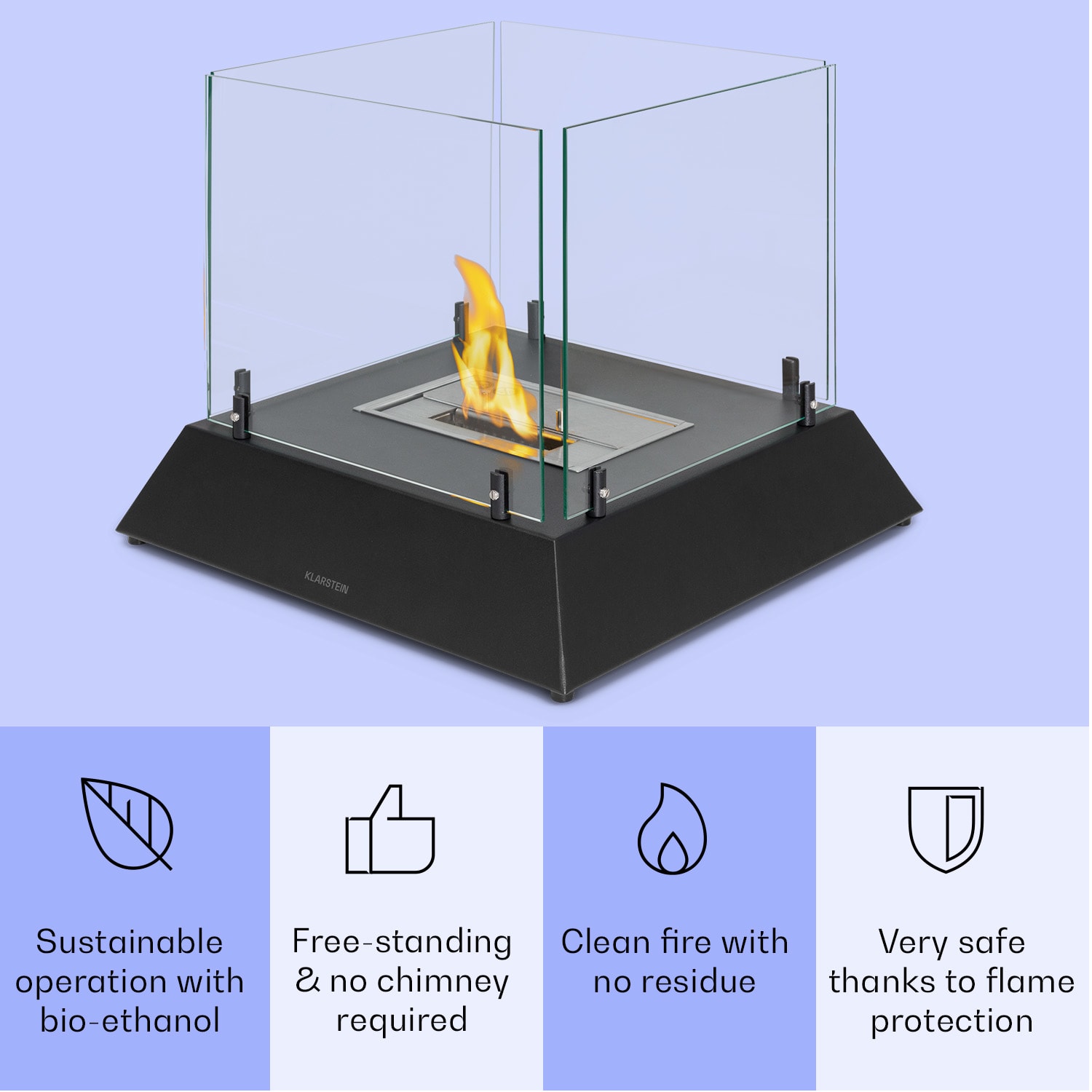 Phantasma Cubo, etanol kandalló, rozsdamentes acél égő, füst- és szagmentes, biztonsági üveg 