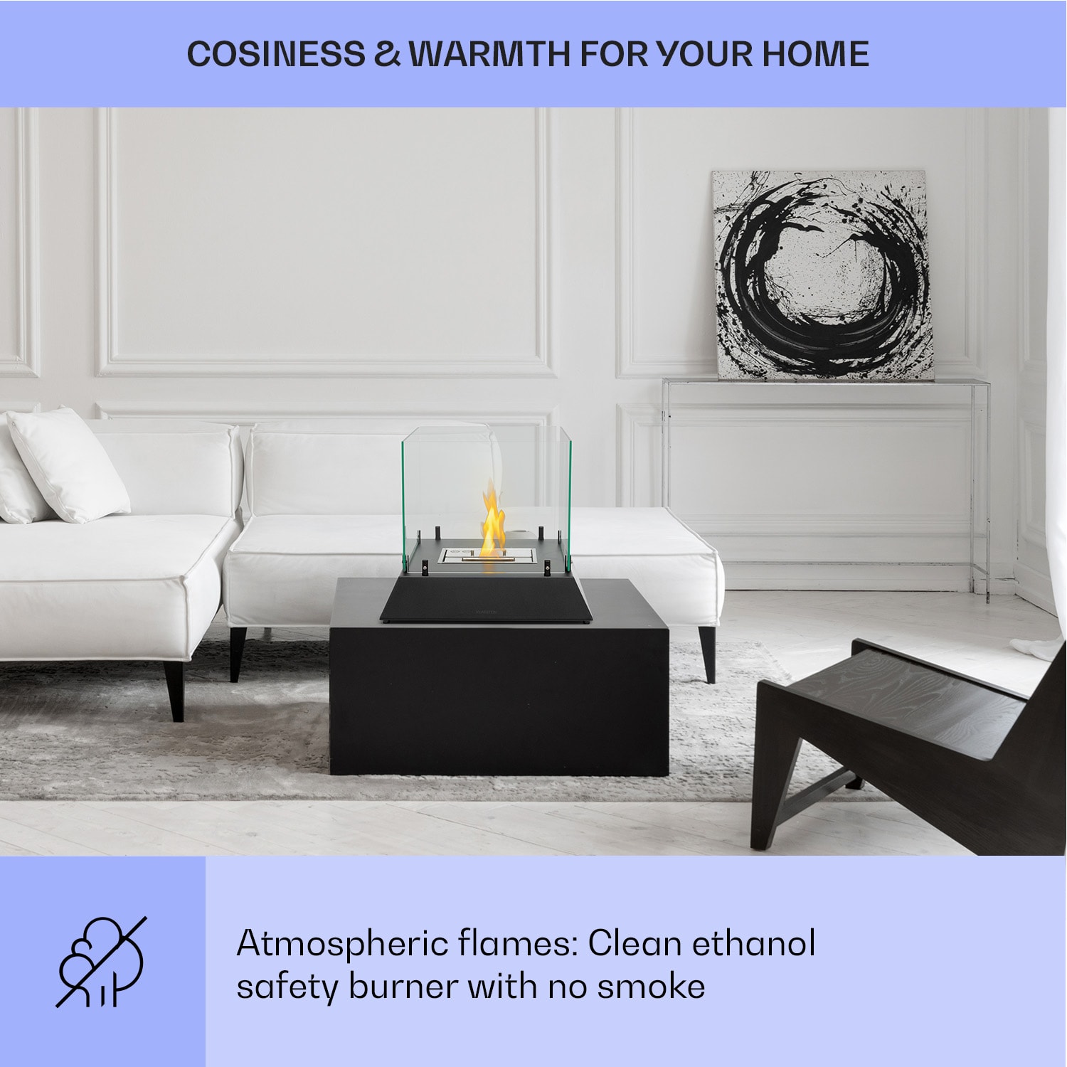 Phantasma Cubo, etanol kandalló, rozsdamentes acél égő, füst- és szagmentes, biztonsági üveg 