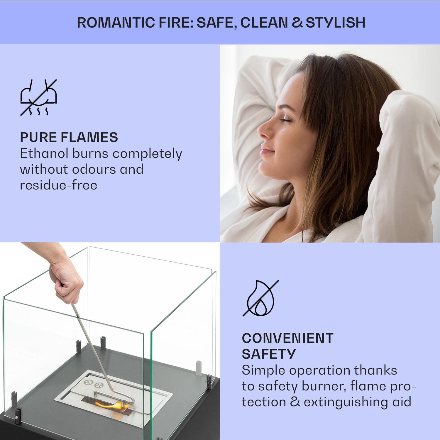 Phantasma Cubo, etanol kandalló, rozsdamentes acél égő, füst- és szagmentes, biztonsági üveg 