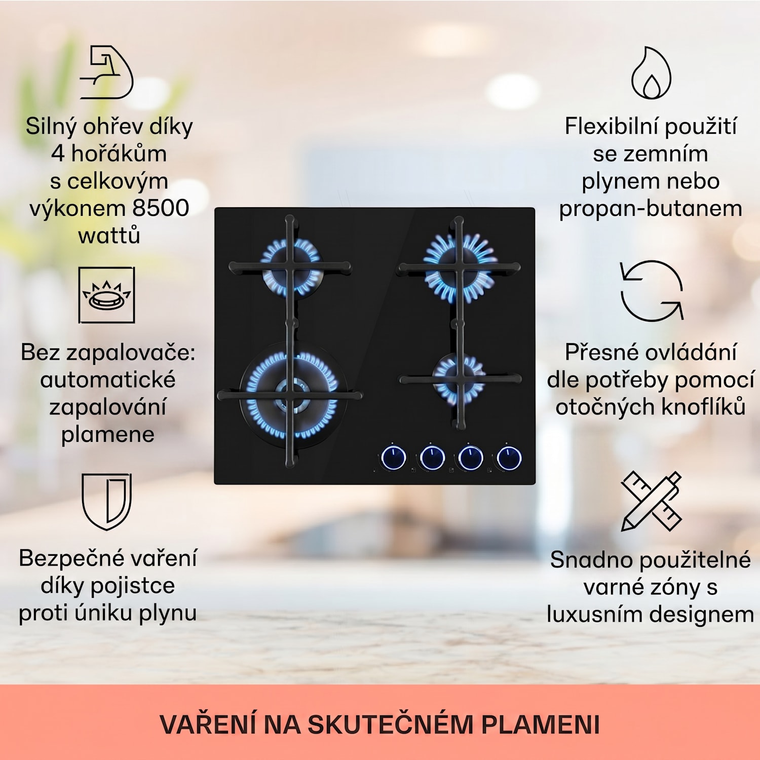 Illuminosa 4, plynová varná deska, 4 hořáky Sabaf, sklokeramika 60 cm | Sklo | Černá