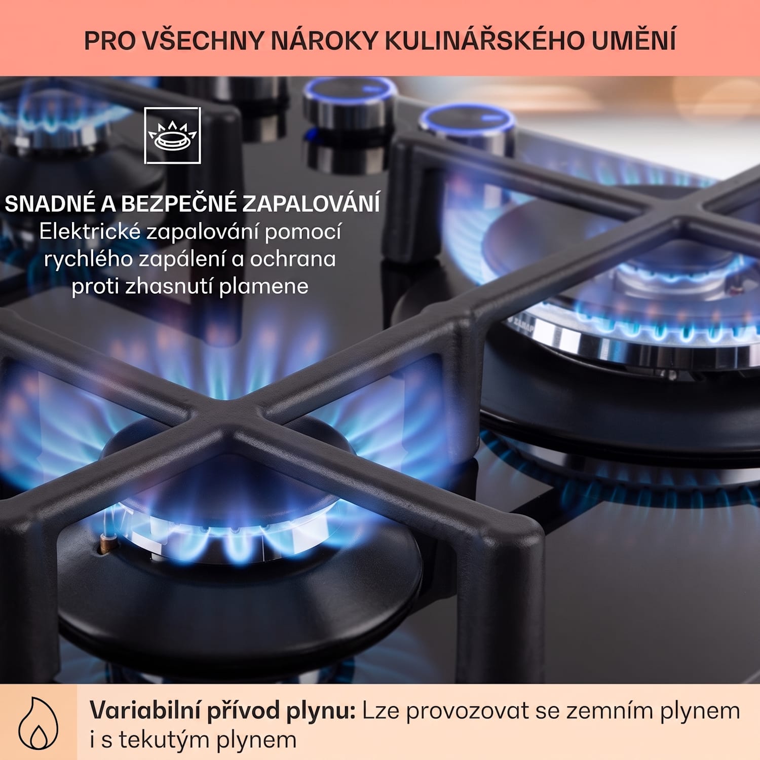 Illuminosa 4, plynová varná deska, 4 hořáky Sabaf, sklokeramika 60 cm | Sklo | Černá