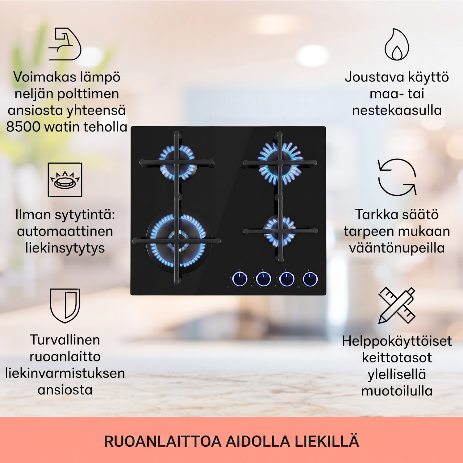 Illuminosa 4, kaasuliesi, 4-liekkinen, Sabaf-poltin, keraaminen 60 cm | Lasi | Musta