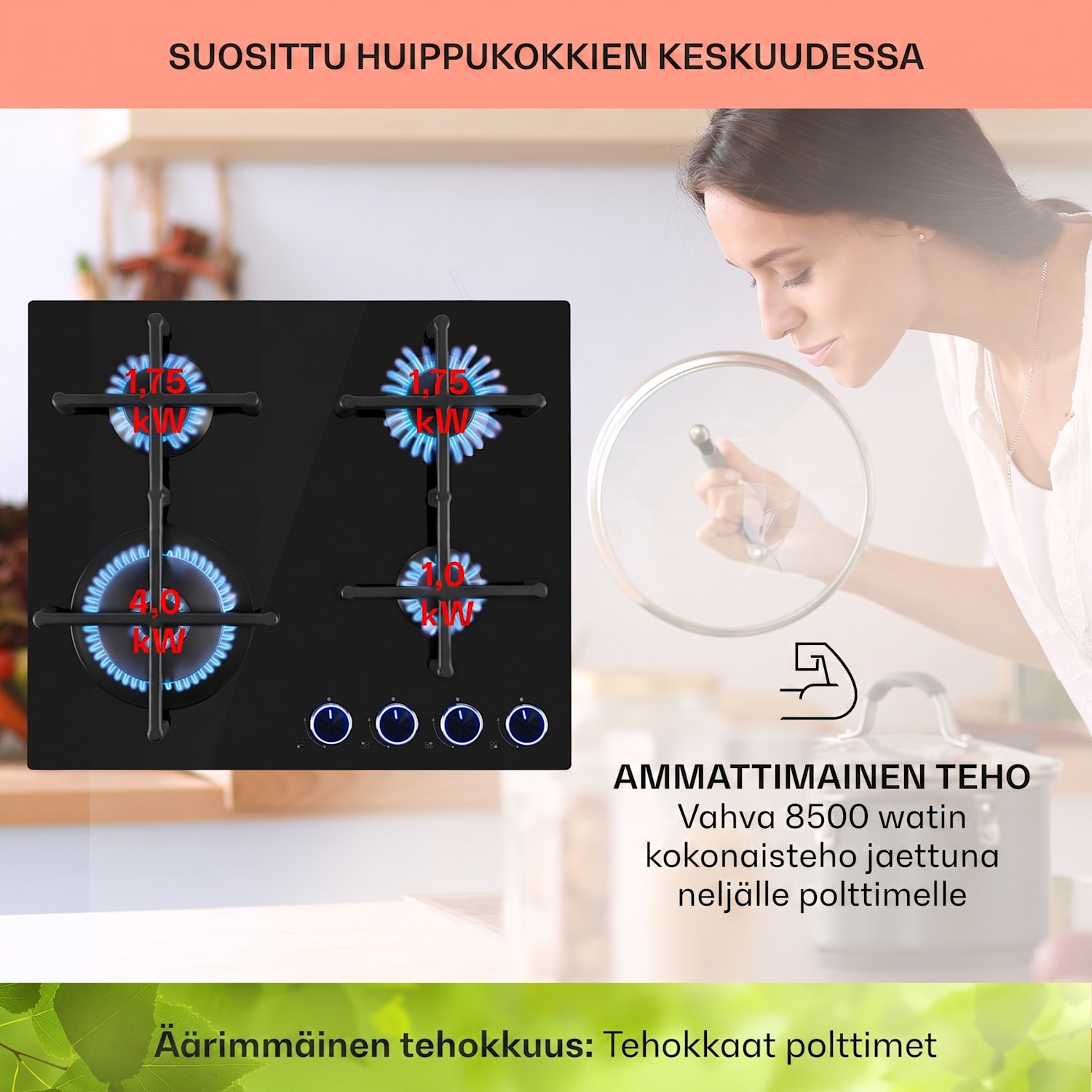 Illuminosa 4, kaasuliesi, 4-liekkinen, Sabaf-poltin, keraaminen 60 cm | Lasi | Musta