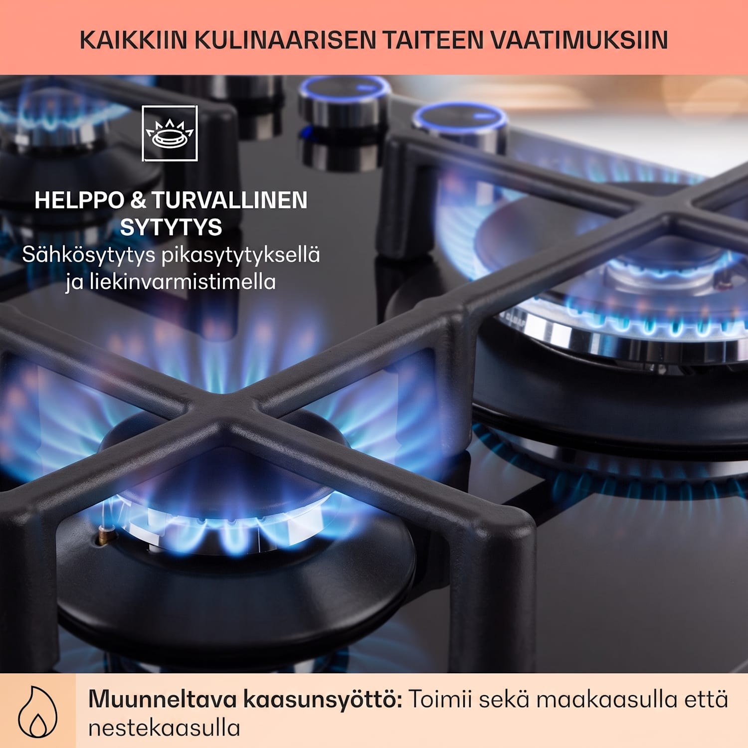 Illuminosa 4, kaasuliesi, 4-liekkinen, Sabaf-poltin, keraaminen 60 cm | Lasi | Musta