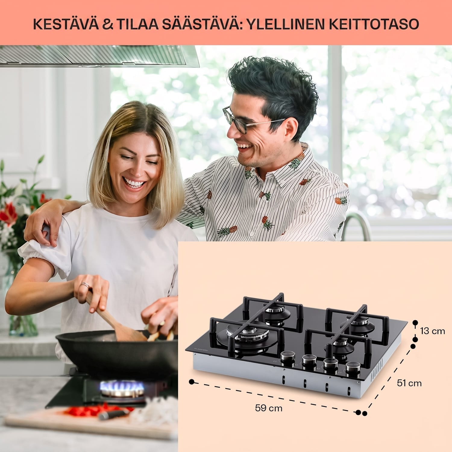 Illuminosa 4, kaasuliesi, 4-liekkinen, Sabaf-poltin, keraaminen 60 cm | Lasi | Musta