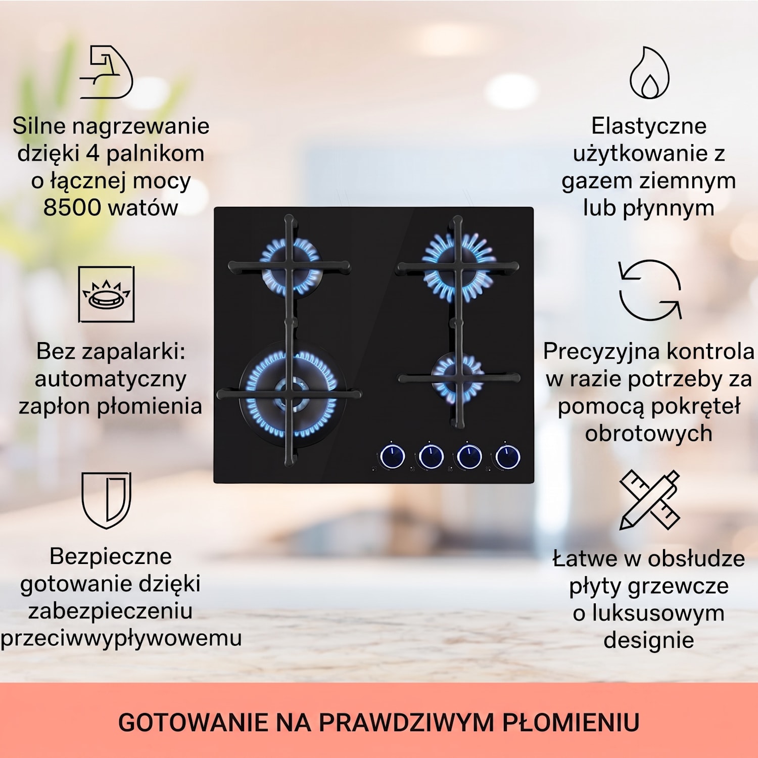 Illuminosa 4, płyta gazowa, 4 palniki Sabaf, szkło ceramiczne 60 cm | Szkło | Czarny
