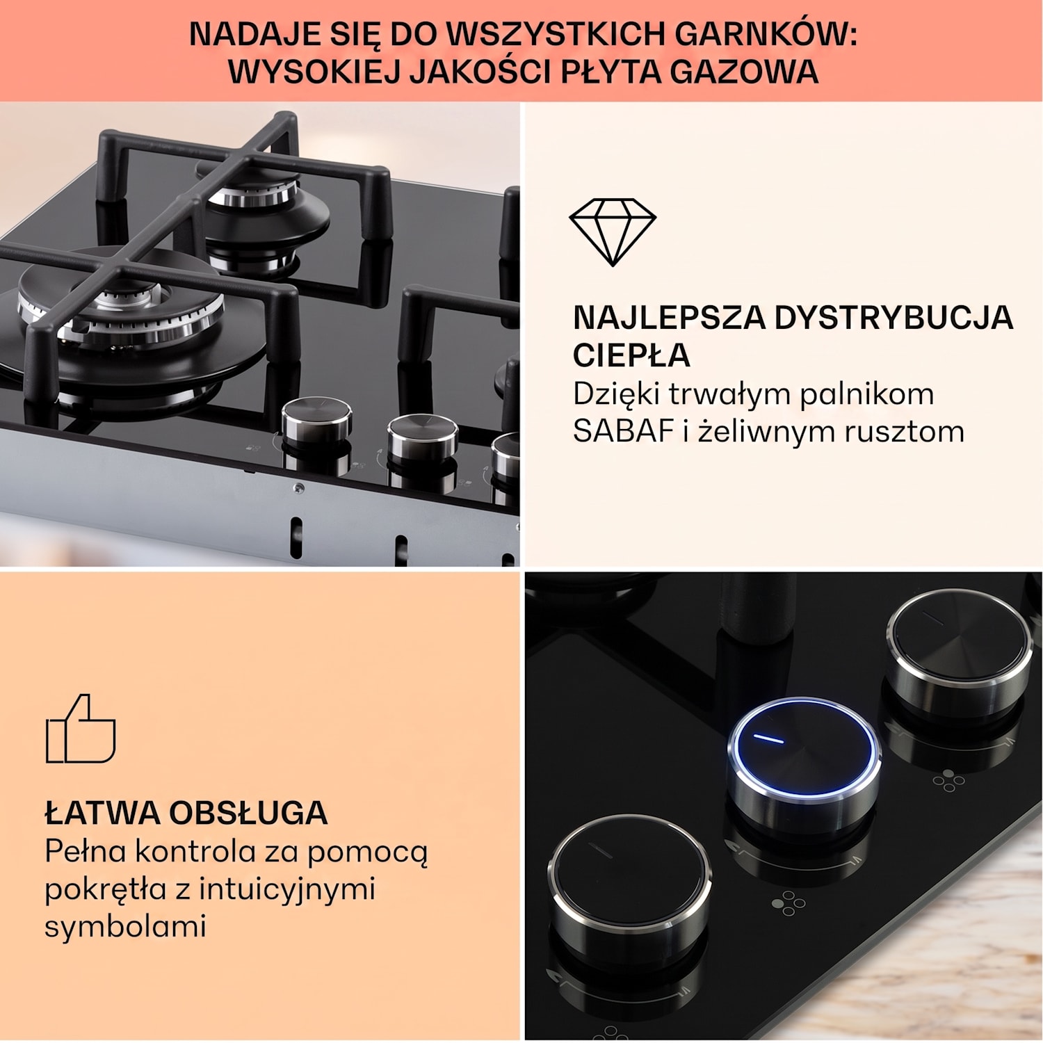 Illuminosa 4, płyta gazowa, 4 palniki Sabaf, szkło ceramiczne 60 cm | Szkło | Czarny