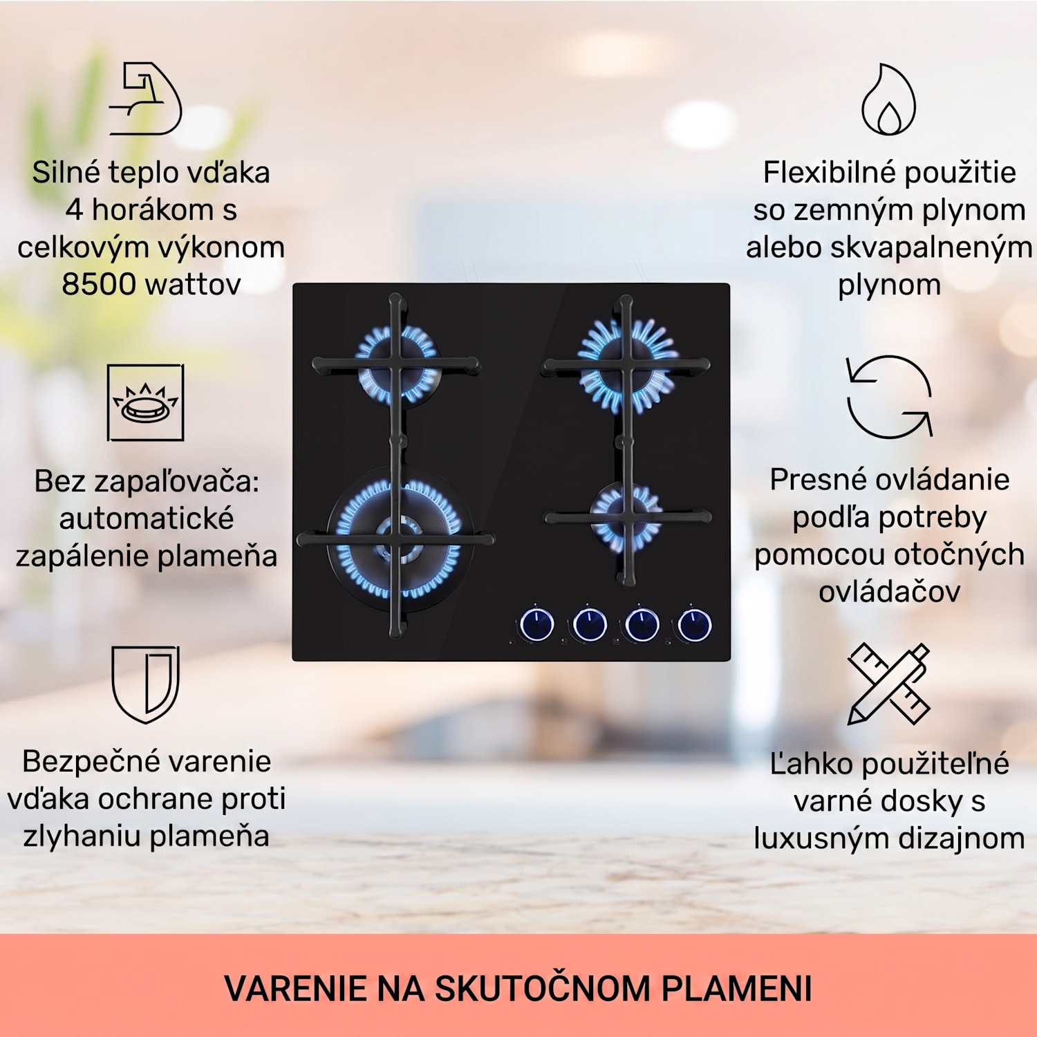 Illuminosa 4, plynová varná doska, 4 Sabaf horáky, sklokeramika 60 cm | Sklo | Čierna