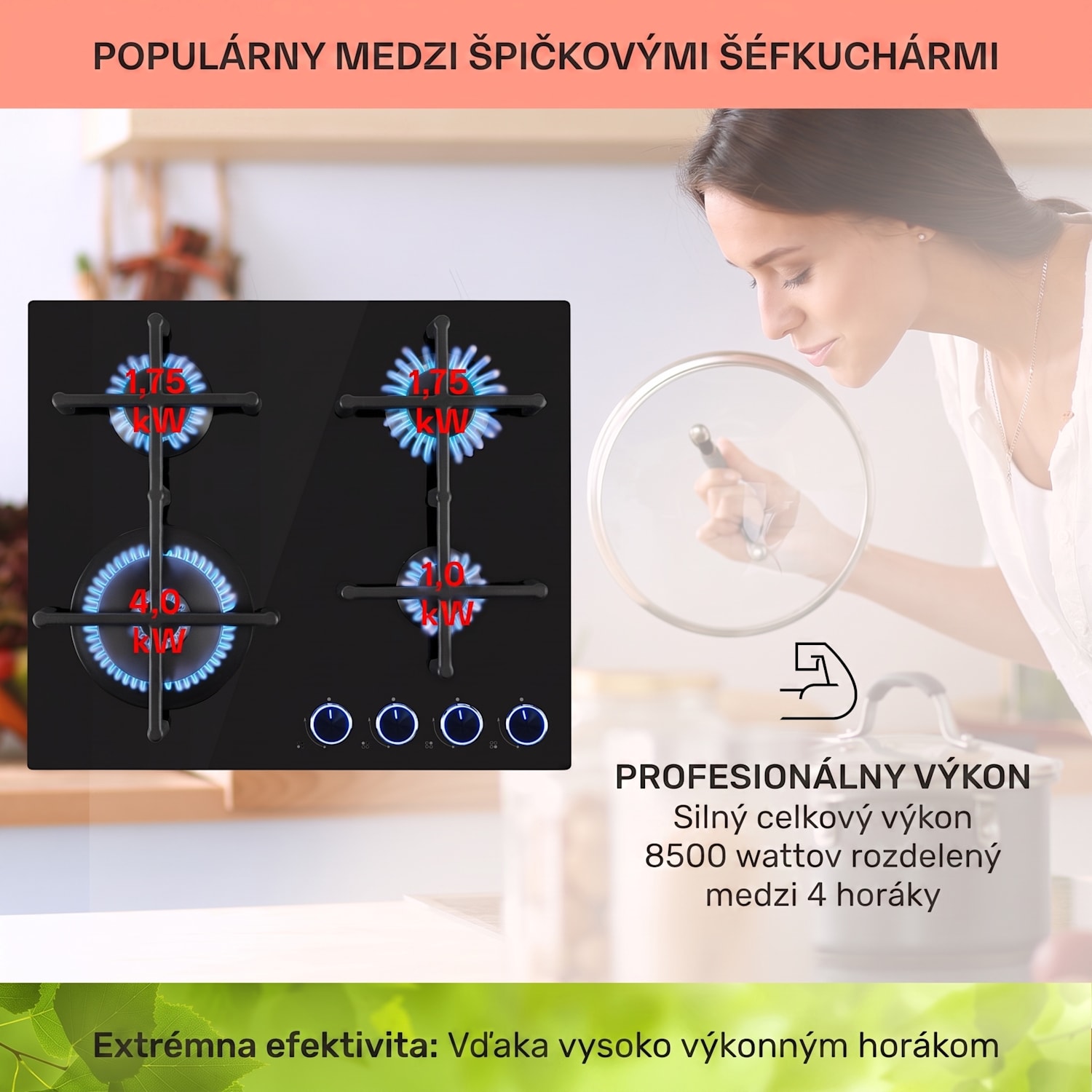 Illuminosa 4, plynová varná doska, 4 Sabaf horáky, sklokeramika 60 cm | Sklo | Čierna