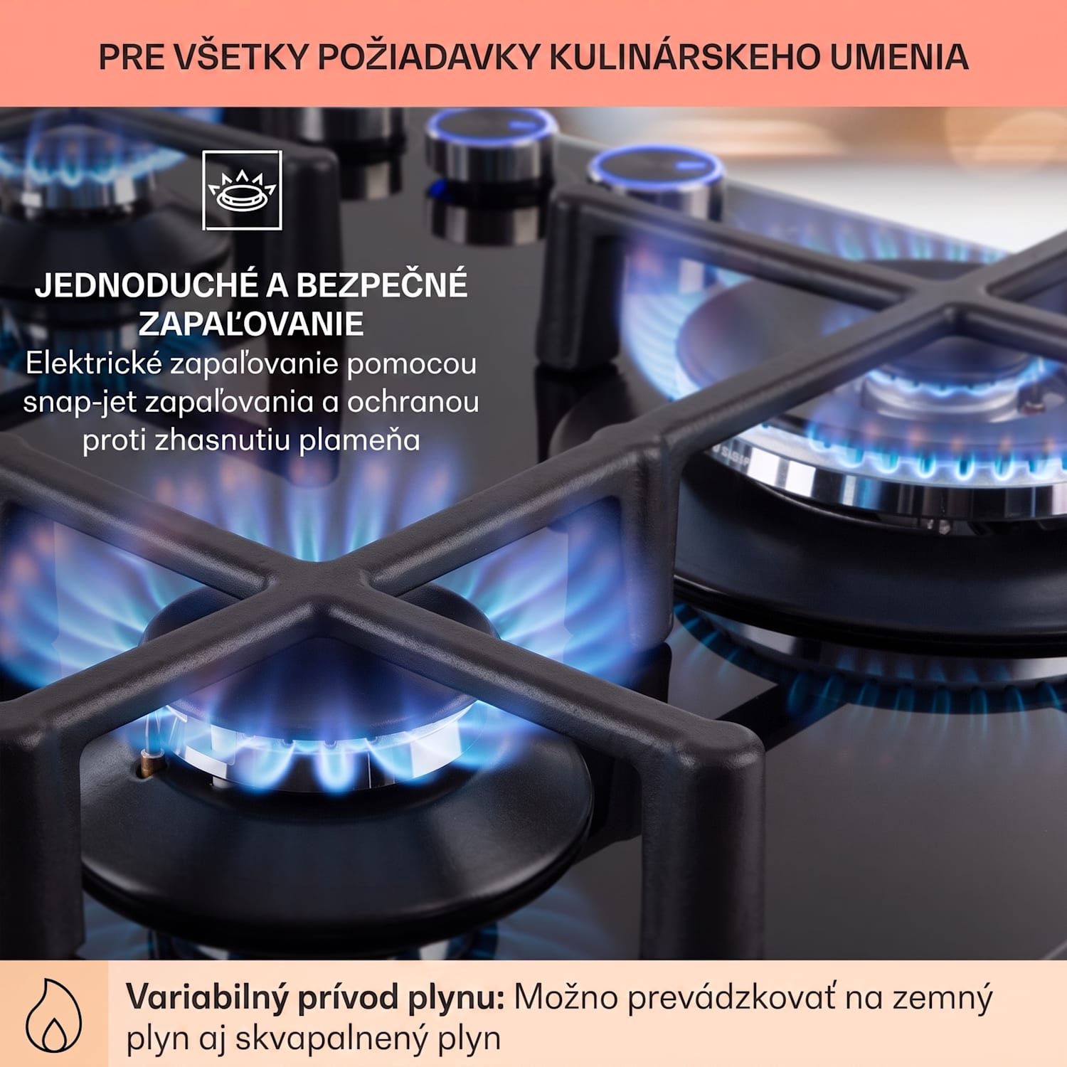 Illuminosa 4, plynová varná doska, 4 Sabaf horáky, sklokeramika 60 cm | Sklo | Čierna