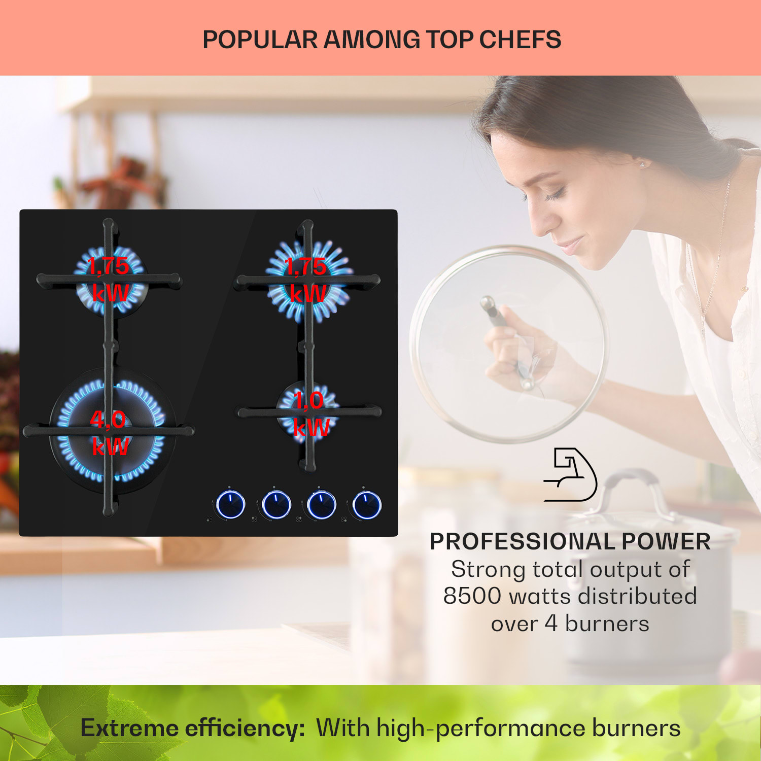 Illuminosa 4, газов плот за готвене, 4 Sabaf котлони, стъклокерамика 