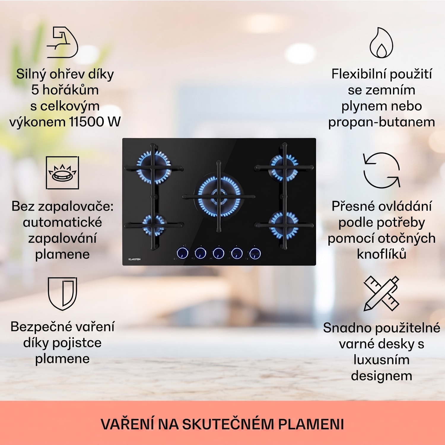 Illuminosa 5, plynová varná deska, 5 hořáků Sabaf, sklokeramika 75cm | Sklo | Černá