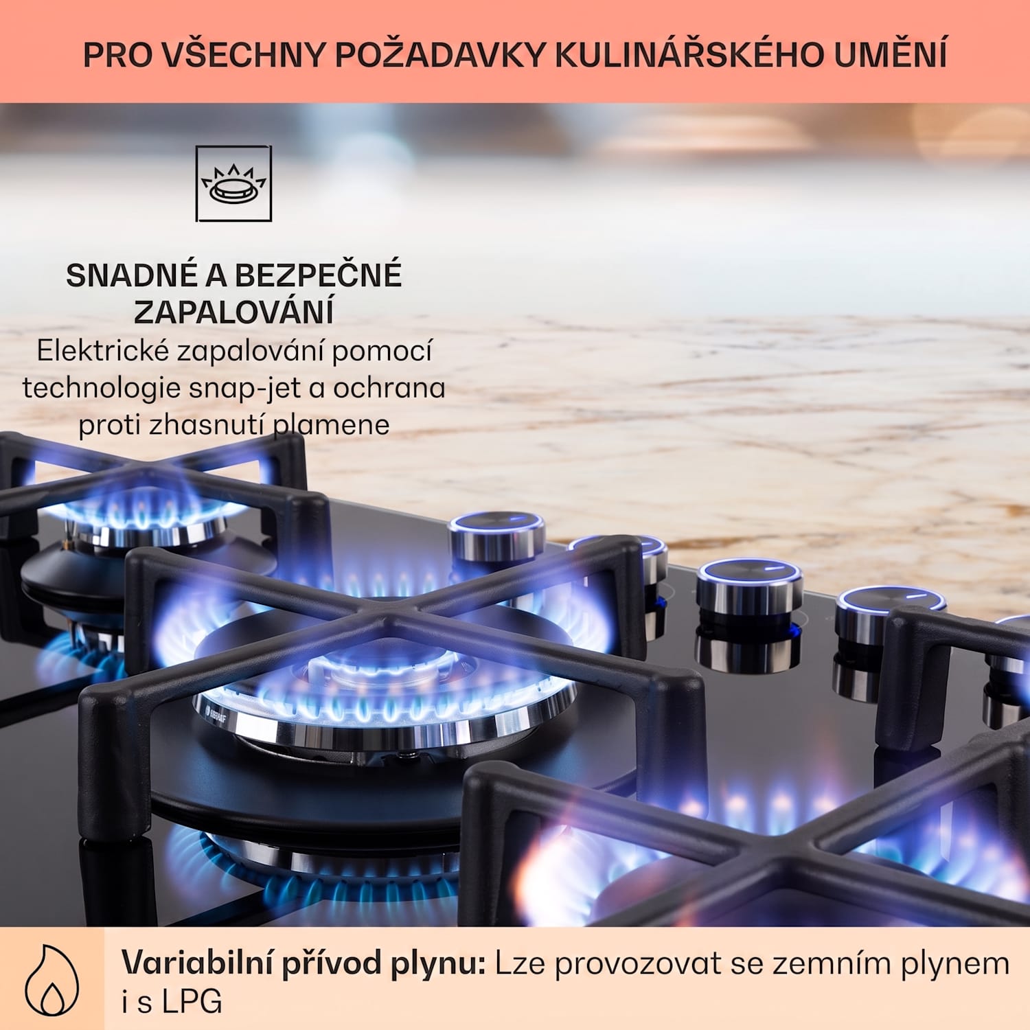 Illuminosa 5, plynová varná deska, 5 hořáků Sabaf, sklokeramika 75cm | Sklo | Černá