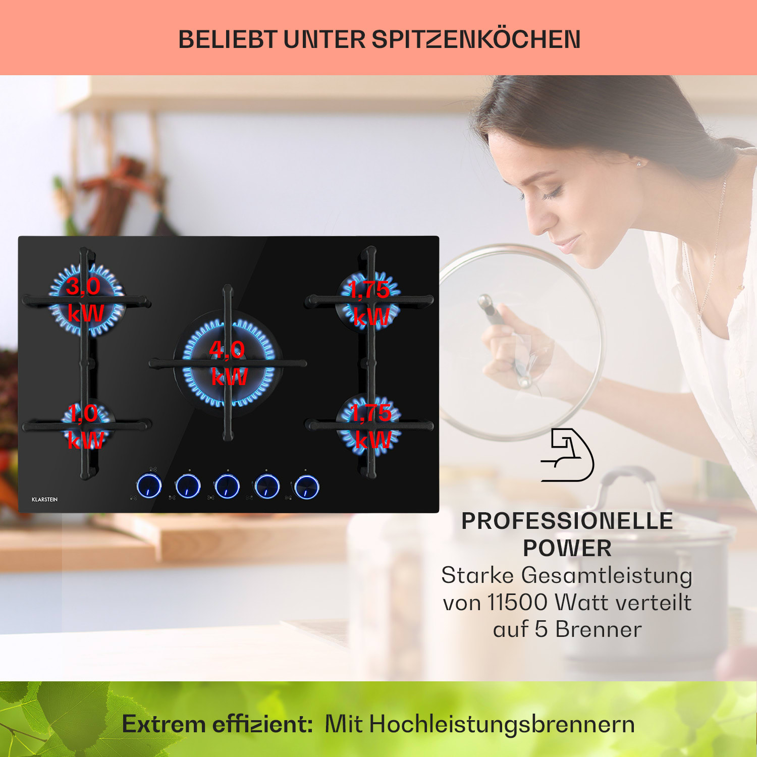 Illuminosa 5, piano cottura a gas 5 fuochi, bruciatori Sabaf, vetroceramica, nero 75 cm | Vetro | Nero