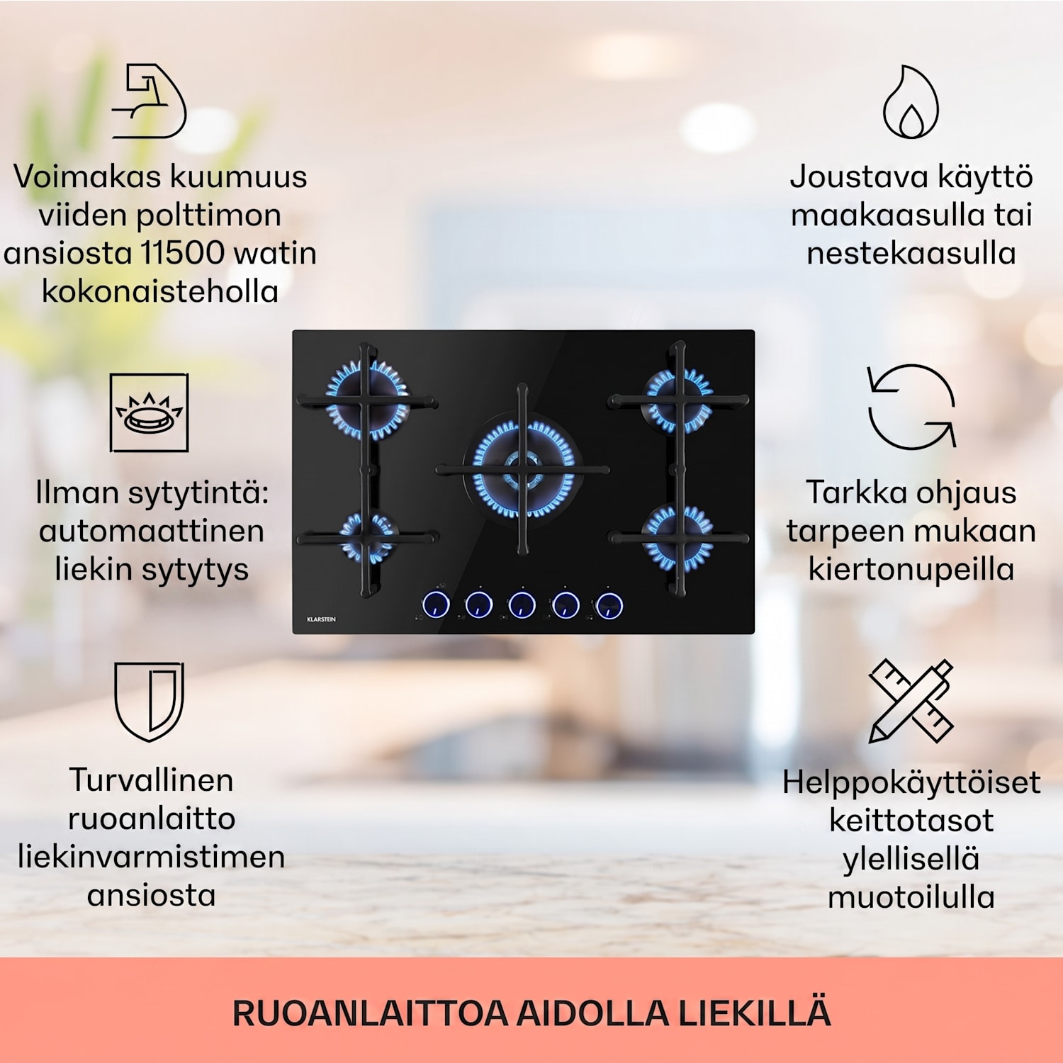 Illuminosa 5 kaasuliesi 5 polttimella Sabaf-polttimet lasikeramiikka 75 cm | Lasi | Musta