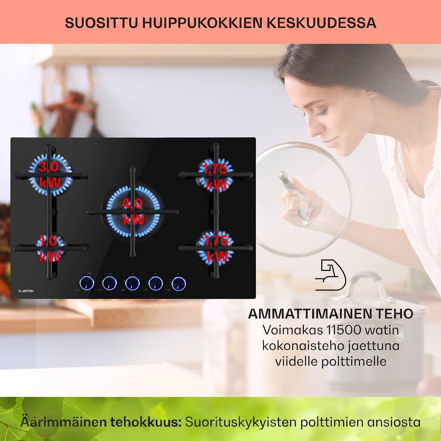 Illuminosa 5 kaasuliesi 5 polttimella Sabaf-polttimet lasikeramiikka 75 cm | Lasi | Musta