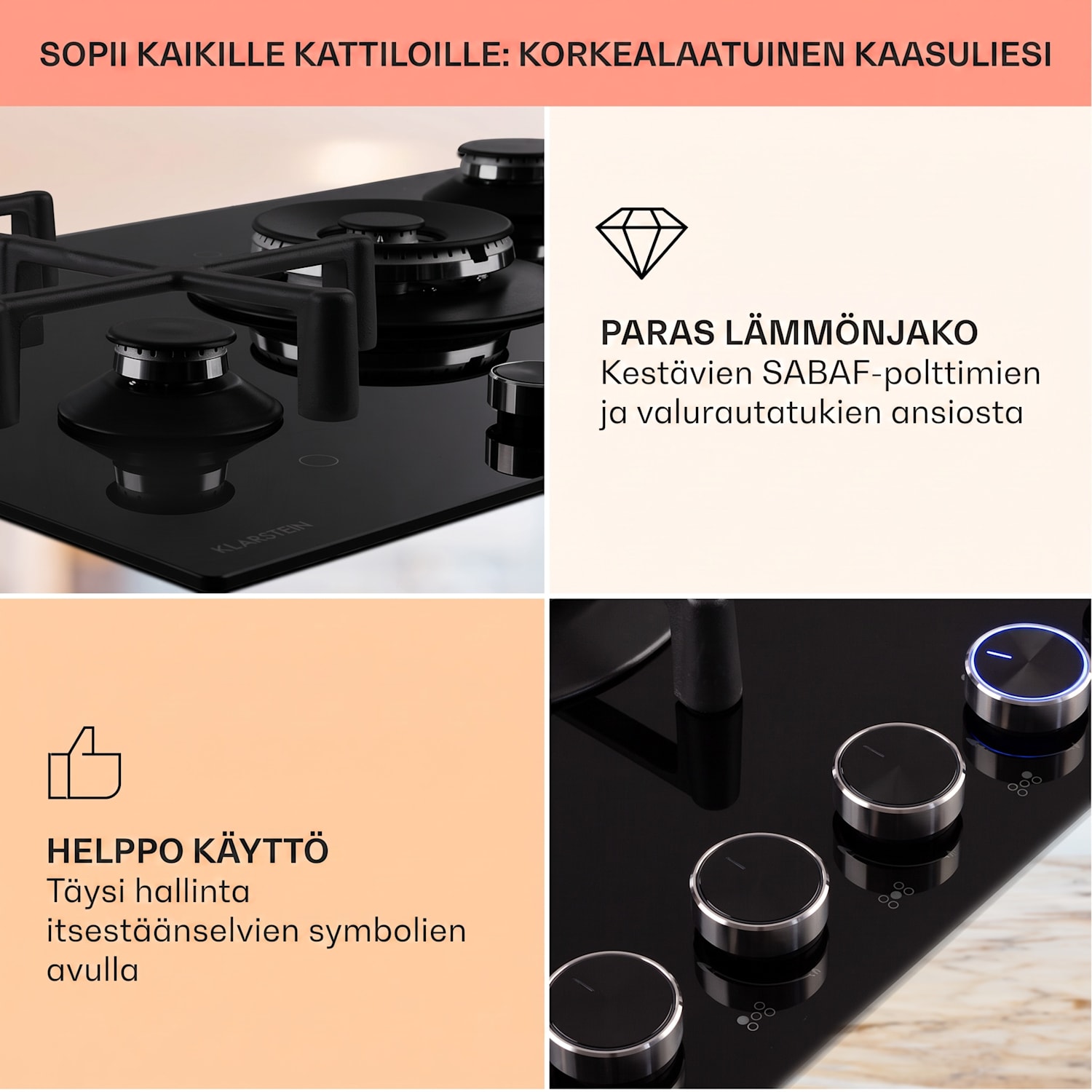 Illuminosa 5 kaasuliesi 5 polttimella Sabaf-polttimet lasikeramiikka 75 cm | Lasi | Musta