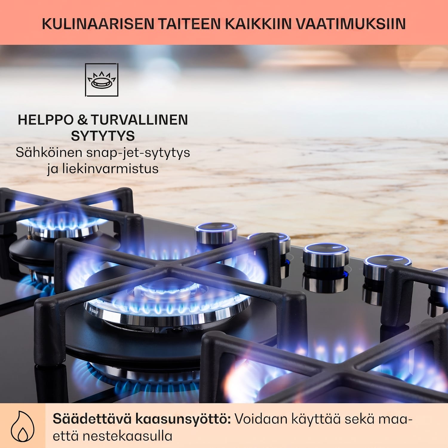 Illuminosa 5 kaasuliesi 5 polttimella Sabaf-polttimet lasikeramiikka 75 cm | Lasi | Musta