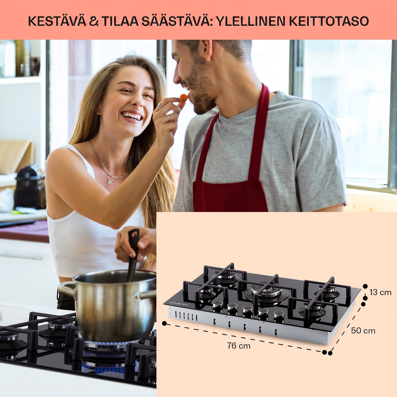 Illuminosa 5 kaasuliesi 5 polttimella Sabaf-polttimet lasikeramiikka 75 cm | Lasi | Musta