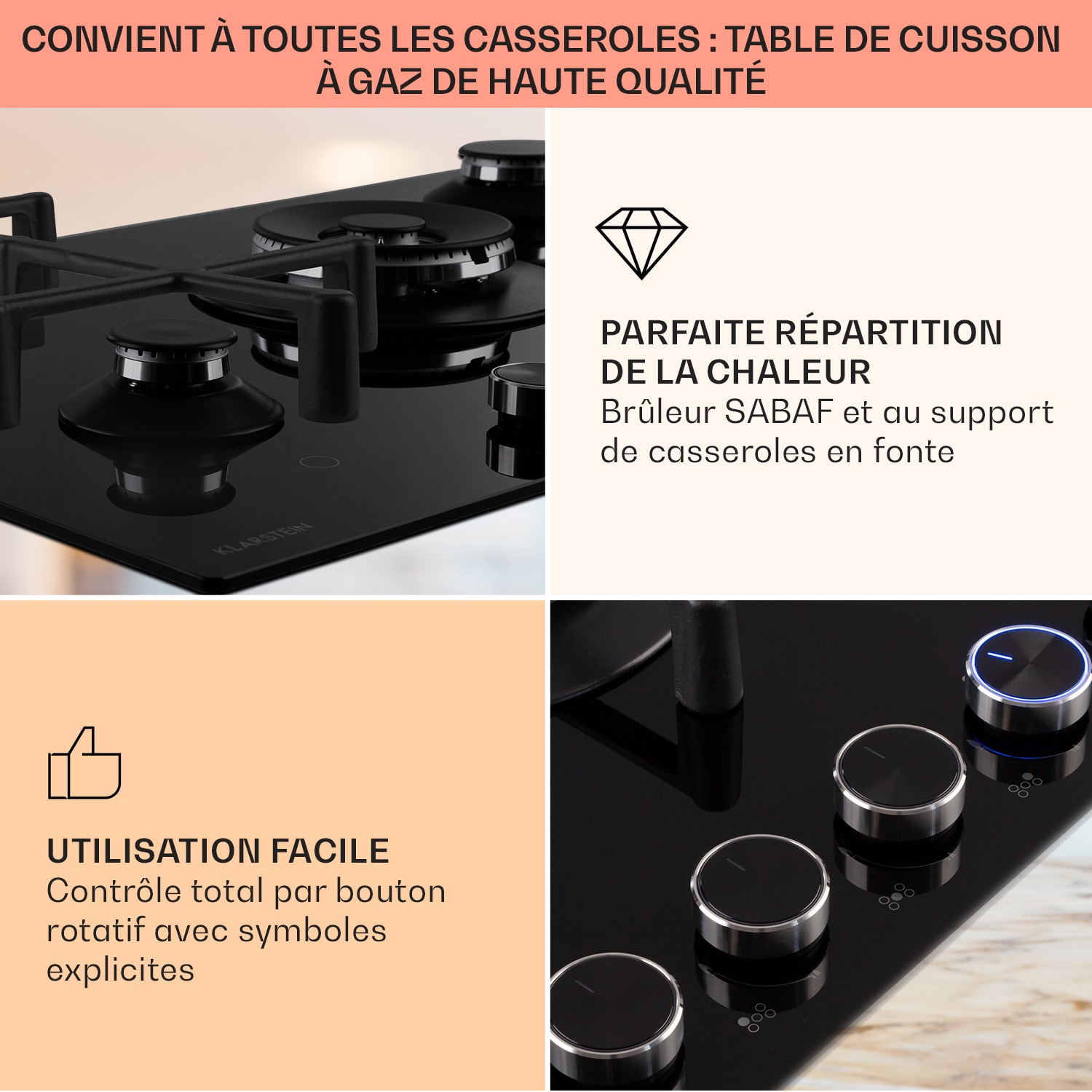 Illuminosa 5 gaskookplaat 5 pitten Sabaf-brander glaskeramiek zwart 