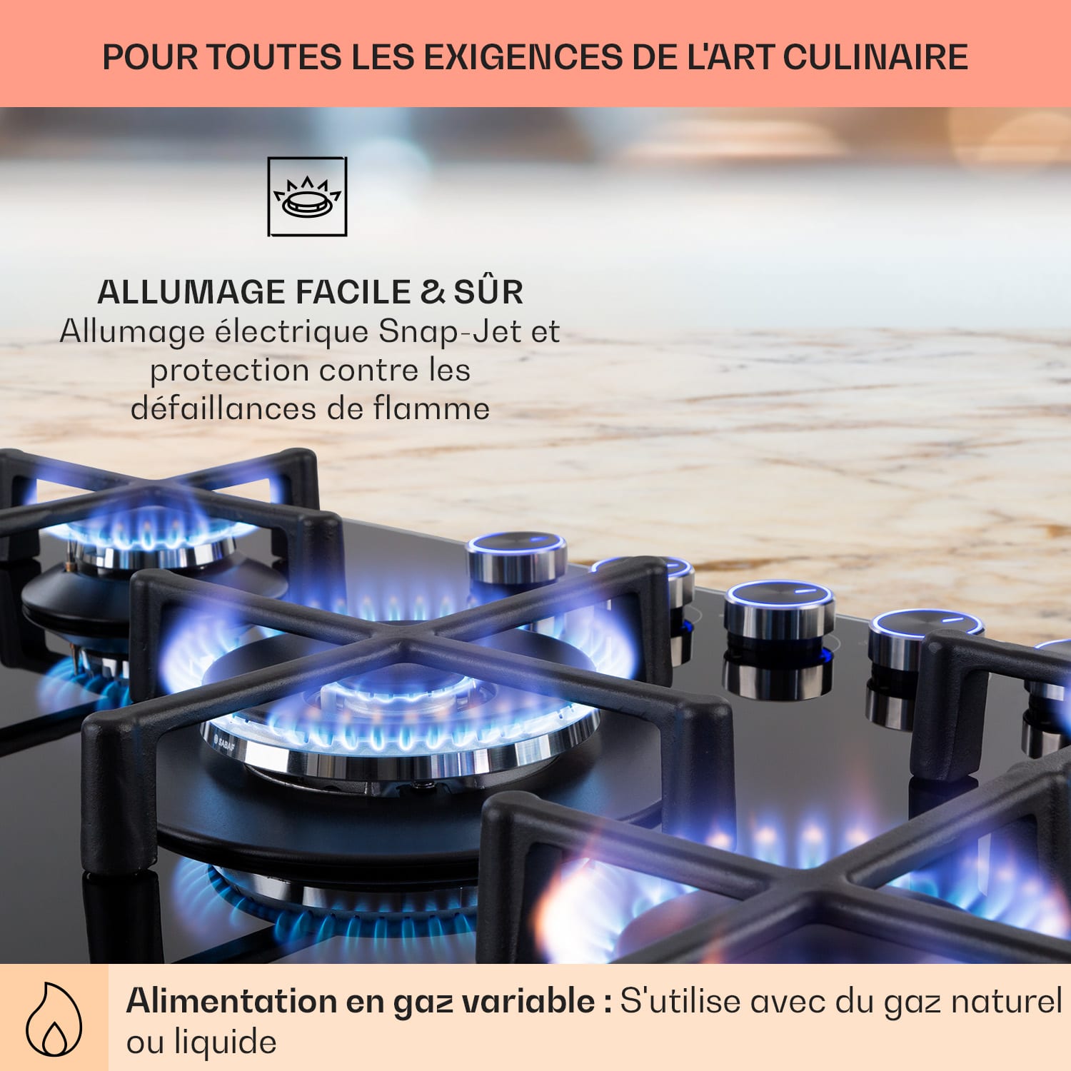 Illuminosa 5 gaskookplaat 5 pitten Sabaf-brander glaskeramiek zwart 