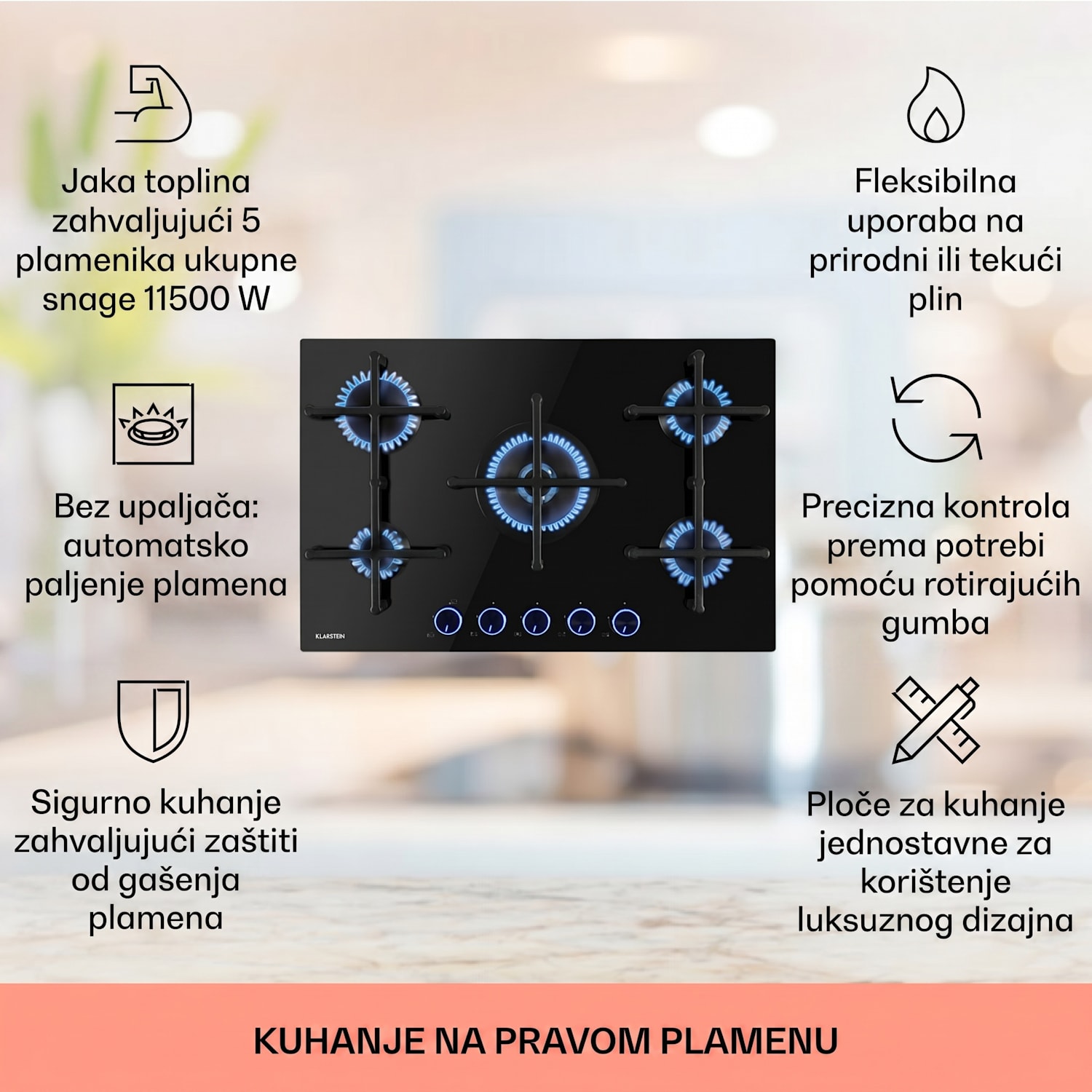 Illuminosa 5, plinska ploča za kuhanje, 5 plamenika, crna 75 cm | Staklo | Crna