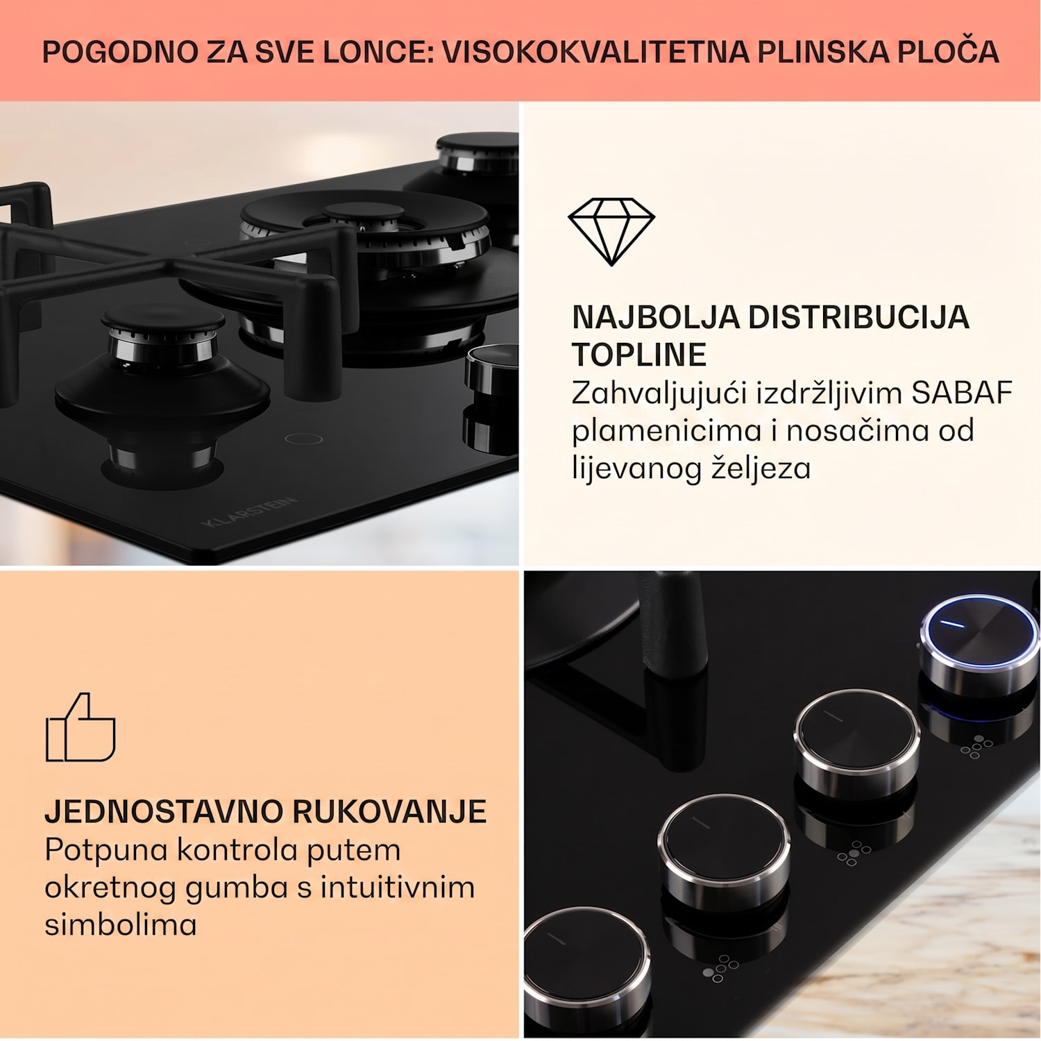 Illuminosa 5, plinska ploča za kuhanje, 5 plamenika, crna 75 cm | Staklo | Crna
